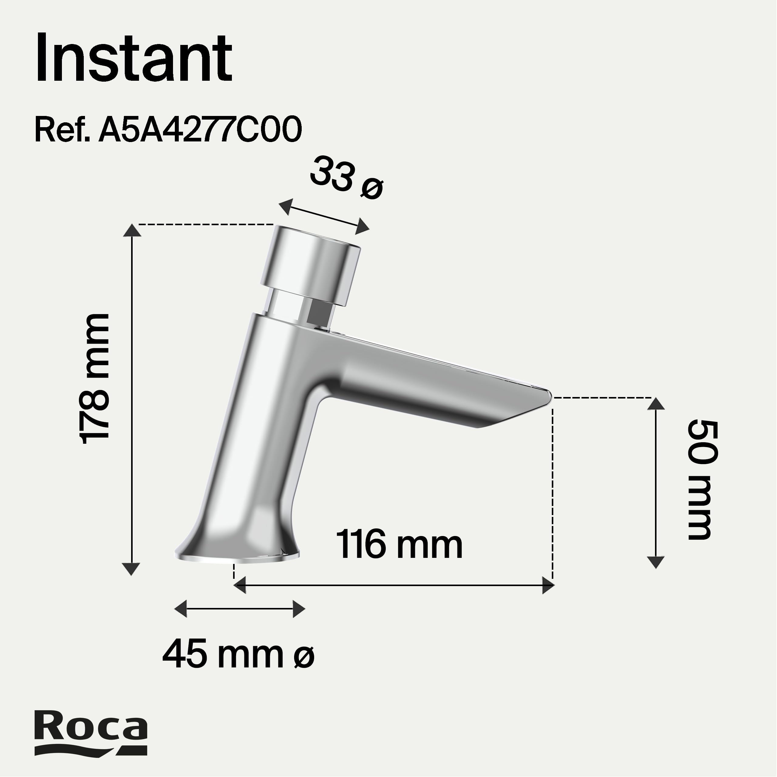 Roca Instant Grifería para lavabo temporizada, grifo monomando de repisa con pulsador, mezclador para cuarto de baño con limitador de caudal y cierre automático en 15 segundos, cromado, A5A4277C00