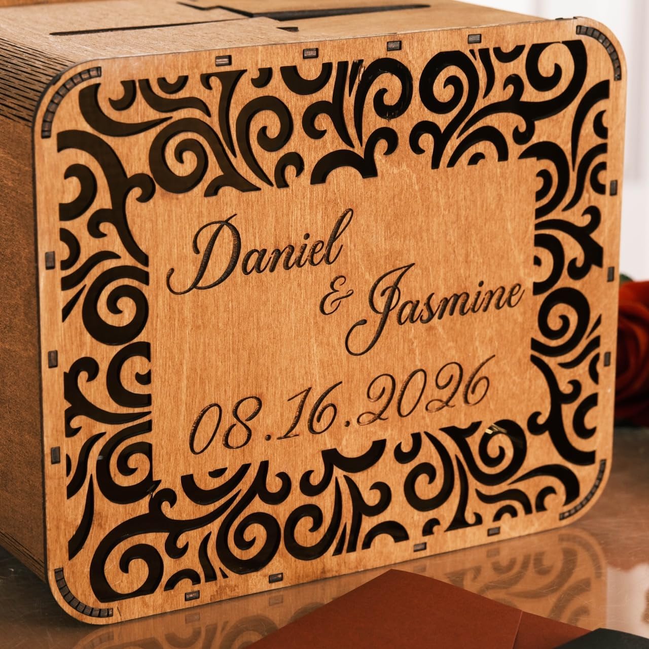 EMC Personalized Wood Card Box for Wedding & Engagement – Rustic Wedding Card Holder with Slot – Bridal Shower, Baby Shower & Birthday Decor