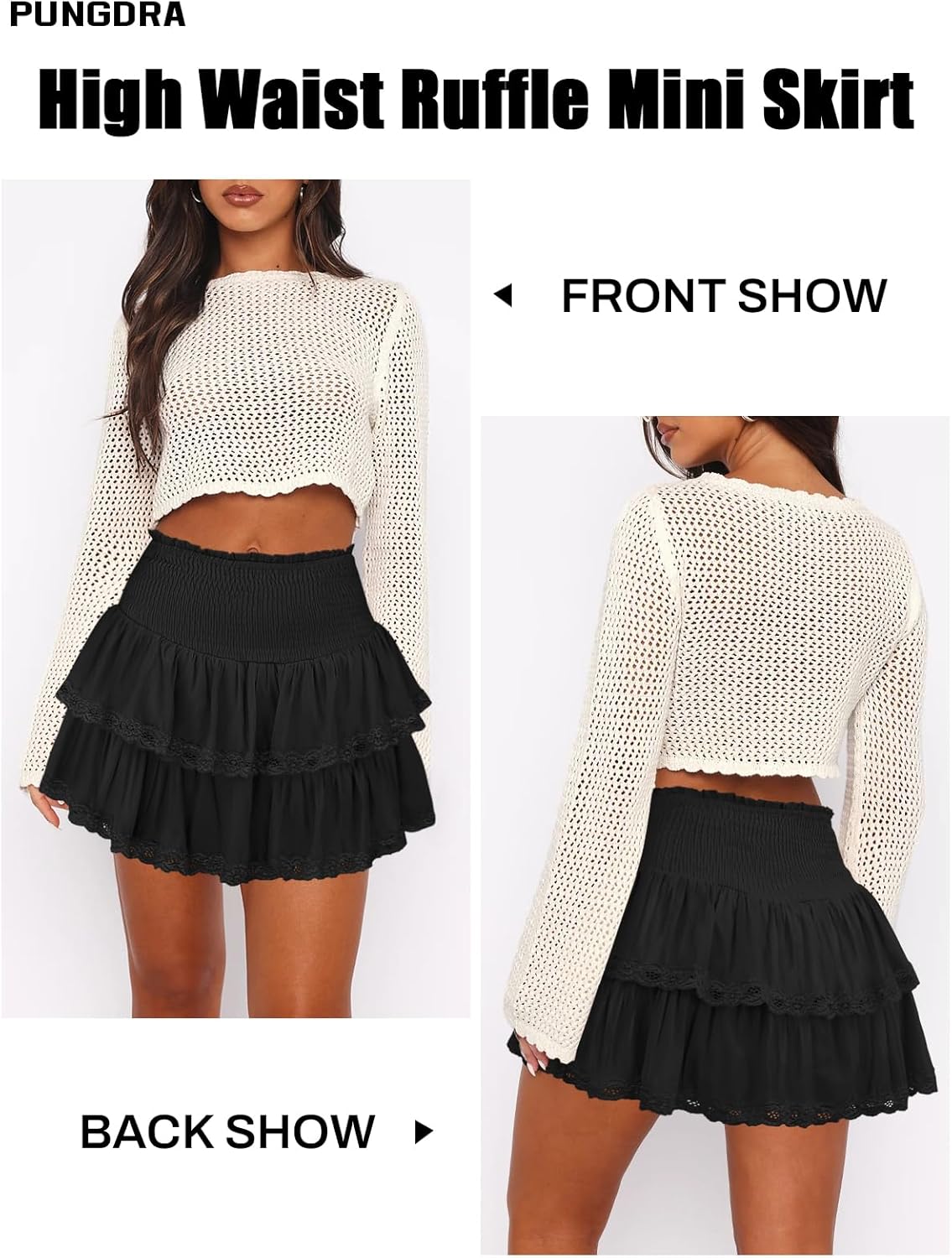 Womens Ruffle Lace Mini Skirt Athletic Golf Tennis Skort Boho Tiered High Waist Flowy Skirts - Image 3