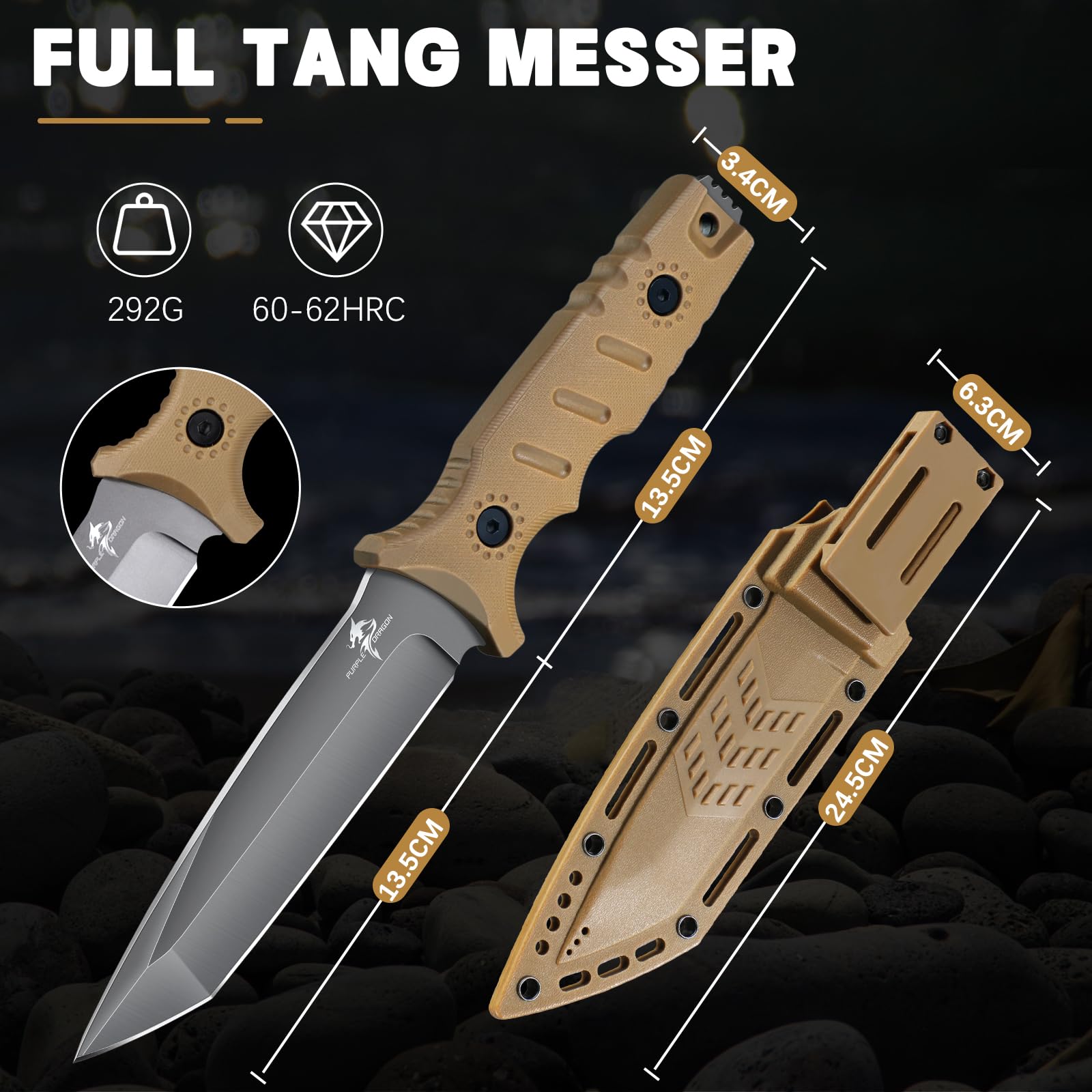Purple Dragon Coltello da Esterno, Coltello da Sopravvivenza con Fodero in Kydex, Coltello con Lama Fissa in Acciaio D2 Forgiato in Unico Pezzo, Coltello Bushcraft Full Tang, Khaki