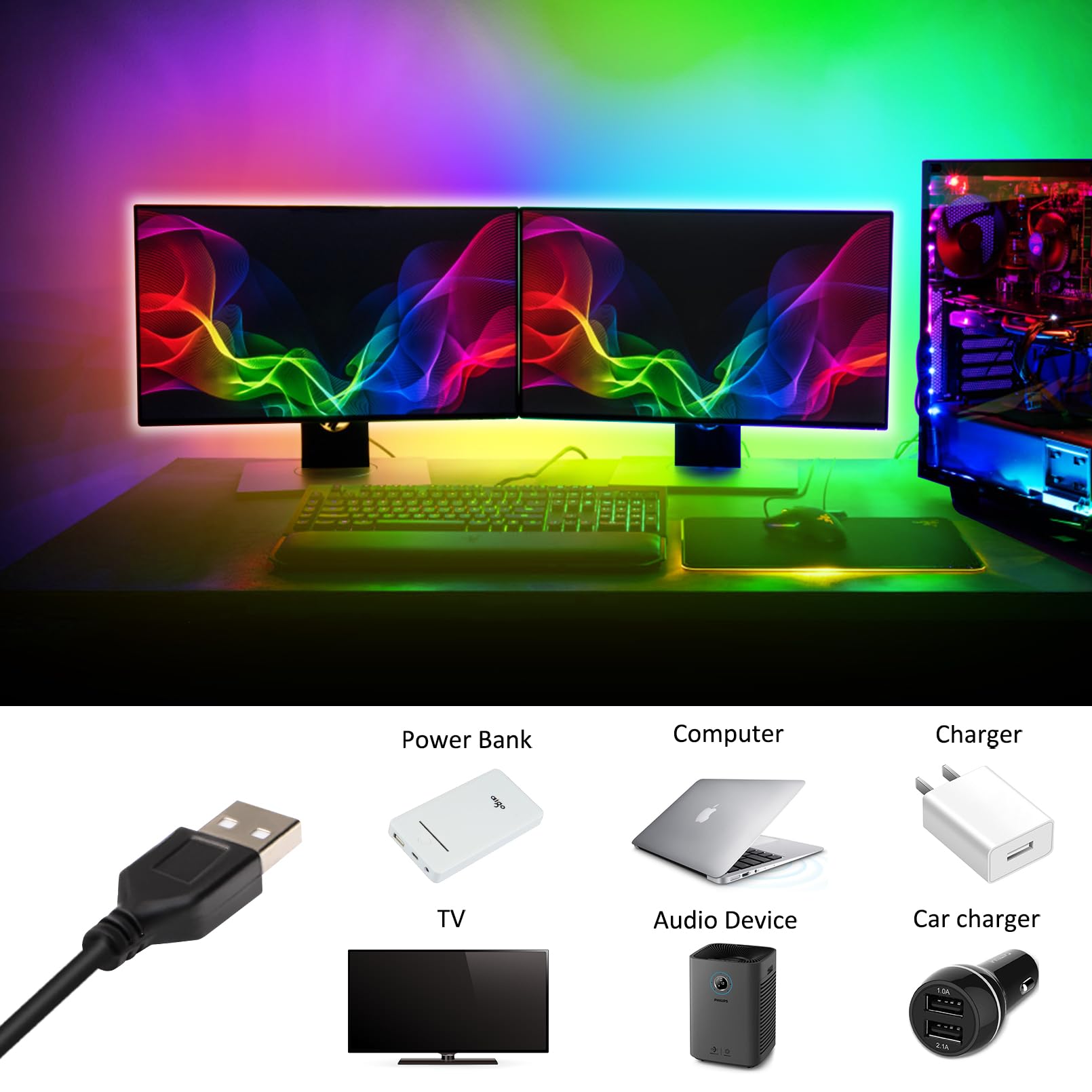 Striscia di luci LED USB, 2 m che cambia colore 5050 RGB striscia luminosa con telecomando, fai da te più colori su una linea, nastro LED flessibile per camera da letto, TV, scrivania, cucina