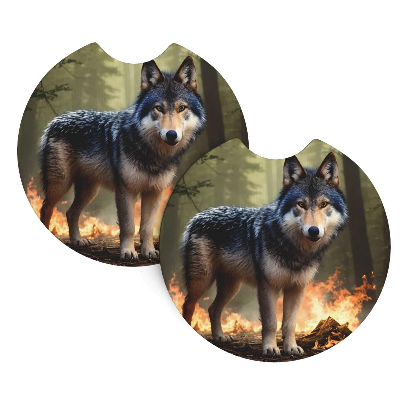 Wolf in Flames Printing Car Coasters 2 Pack - Durable Waterproof, Odorless, Easy to- Interior Car Accessories for Women and Menon