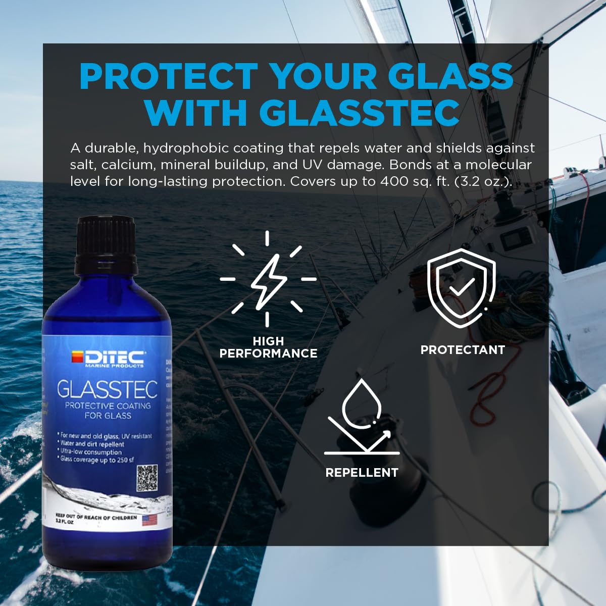 Ditec Marine Glasstec - Hydrophobic Glass Sealer & Rain Shield - High-Performance Marine Window Coating - Repels Water, Salt & Grime - Ceramic Coating Alternative for Boat Glass - Eco-Friendly