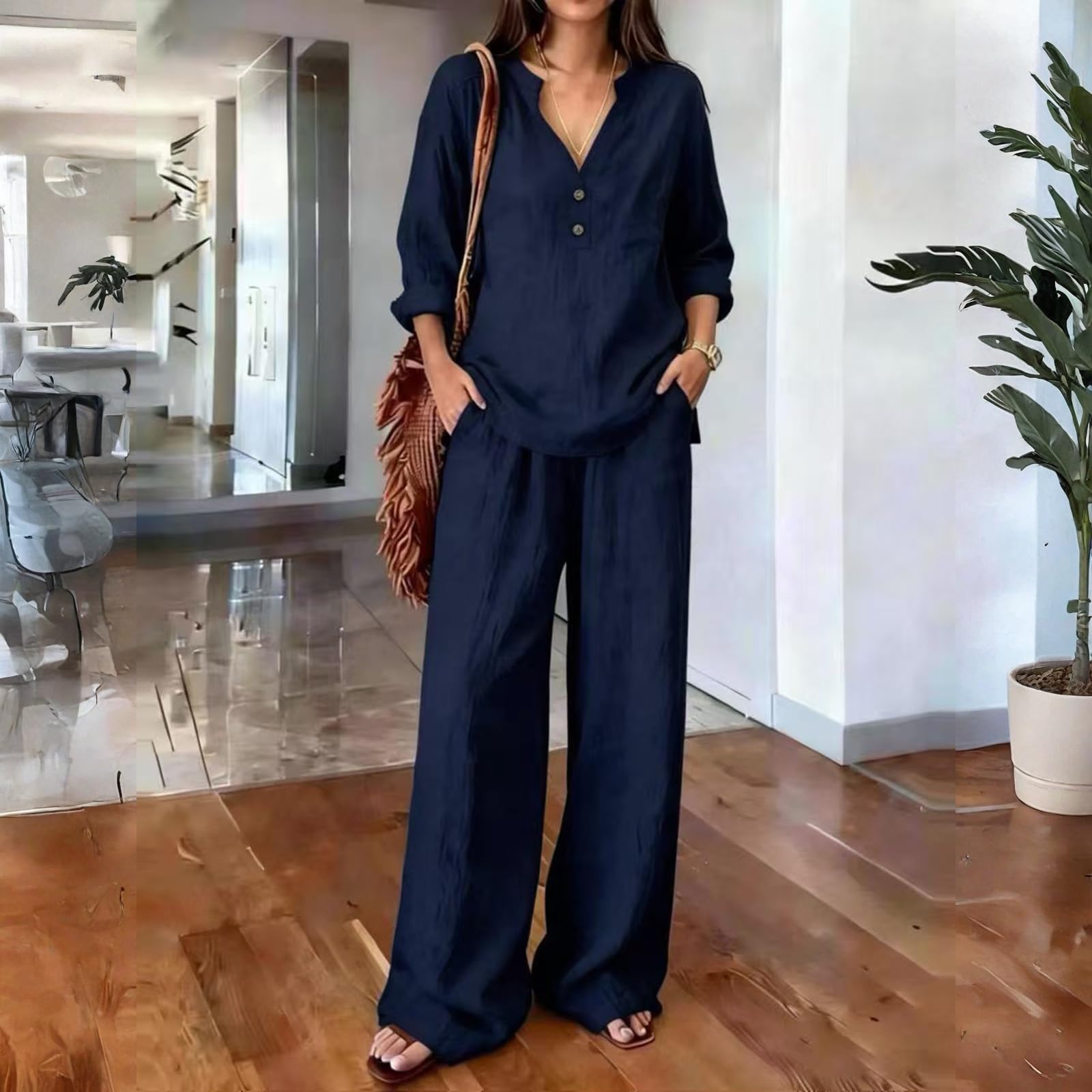 Completo Donna Lino Due Pezzi Elastico In Vita Mezza Manica Set di Due Pezzi Tuta Tinta Unita Blusa Pantaloni Gamba Larga con Tasche Completi Comodo Morbido Camicia Scollo a V Eleganti Taglie Forti