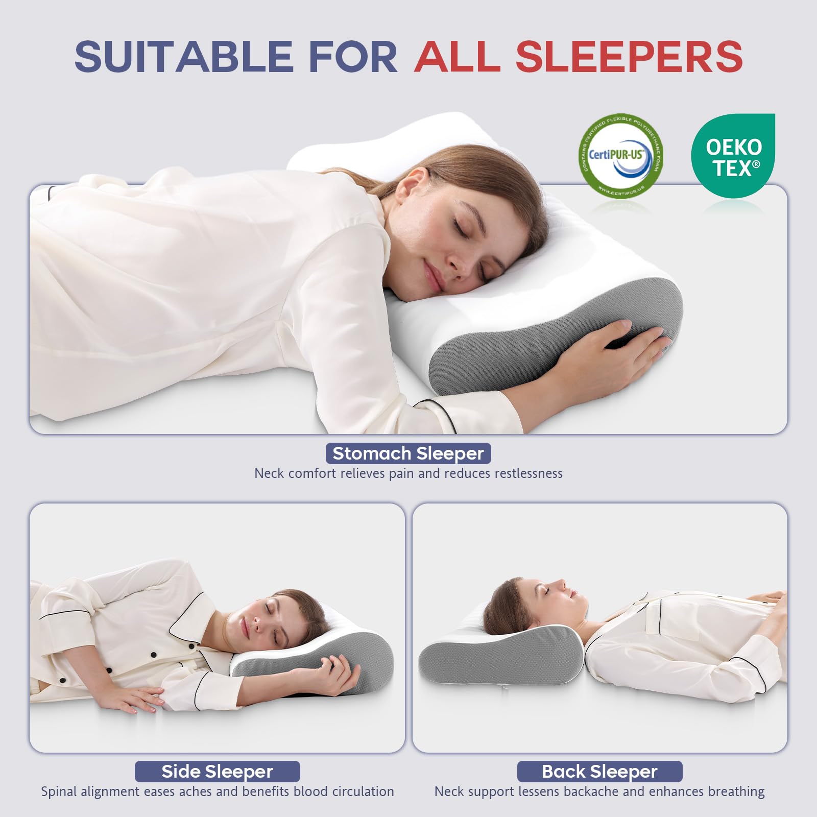 ofwaterstroll Memory Foam Pillow for Neck Pain, CertiPUR-US® Cervical Neck Pillow with Dual-Height Design, Cooling Cover, 3D Ergonomic Support & Odor-Free Tech for Side/Back/Stomach Sleepers (White)