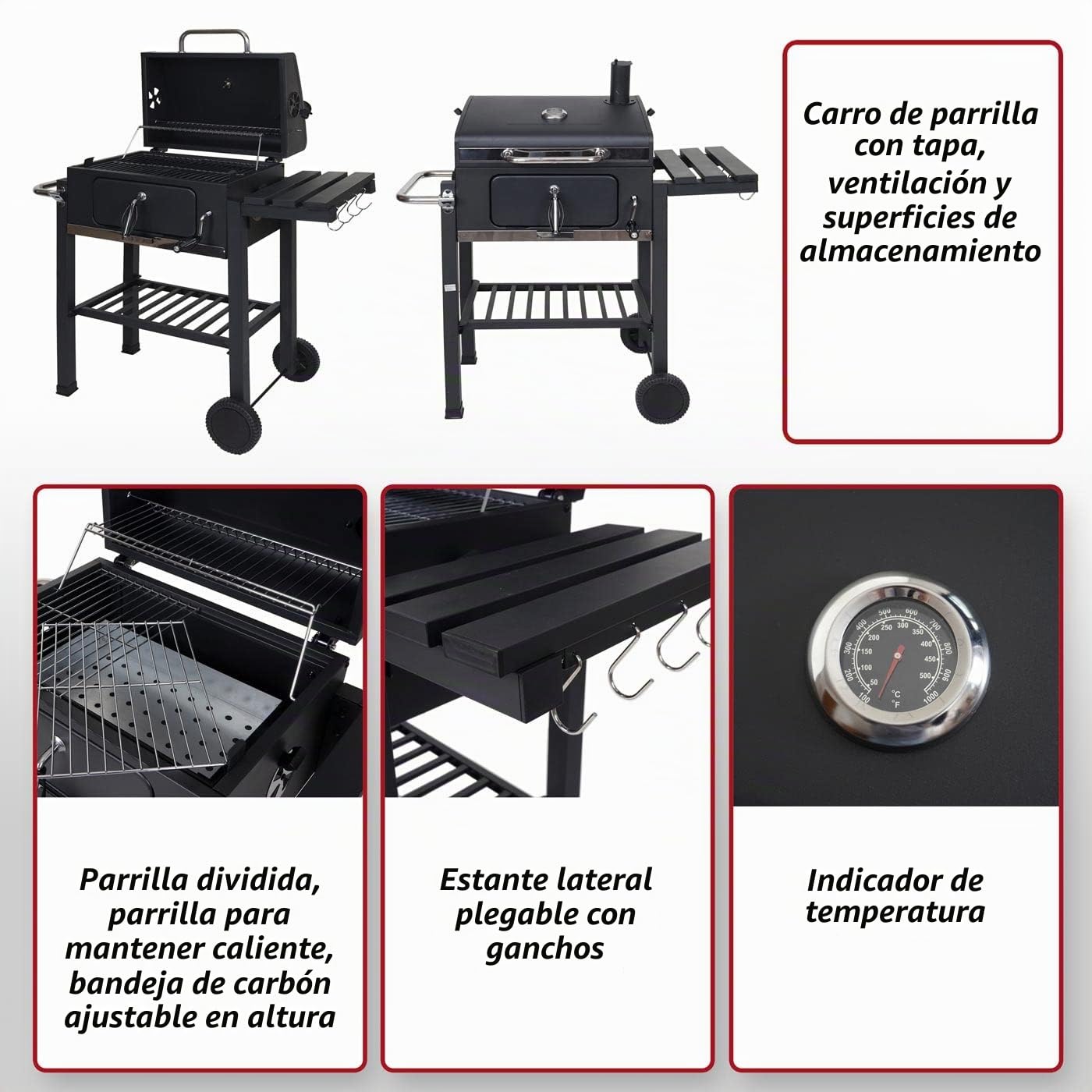 HWC-K93 - Barbacoa Parrilla de carbón vegetal (110 x 100 x 51 cm), color negro | Barbacoa de carbón vegetal, barbacoa, barbacoa, barbacoa de jardín, con tapa, estantes