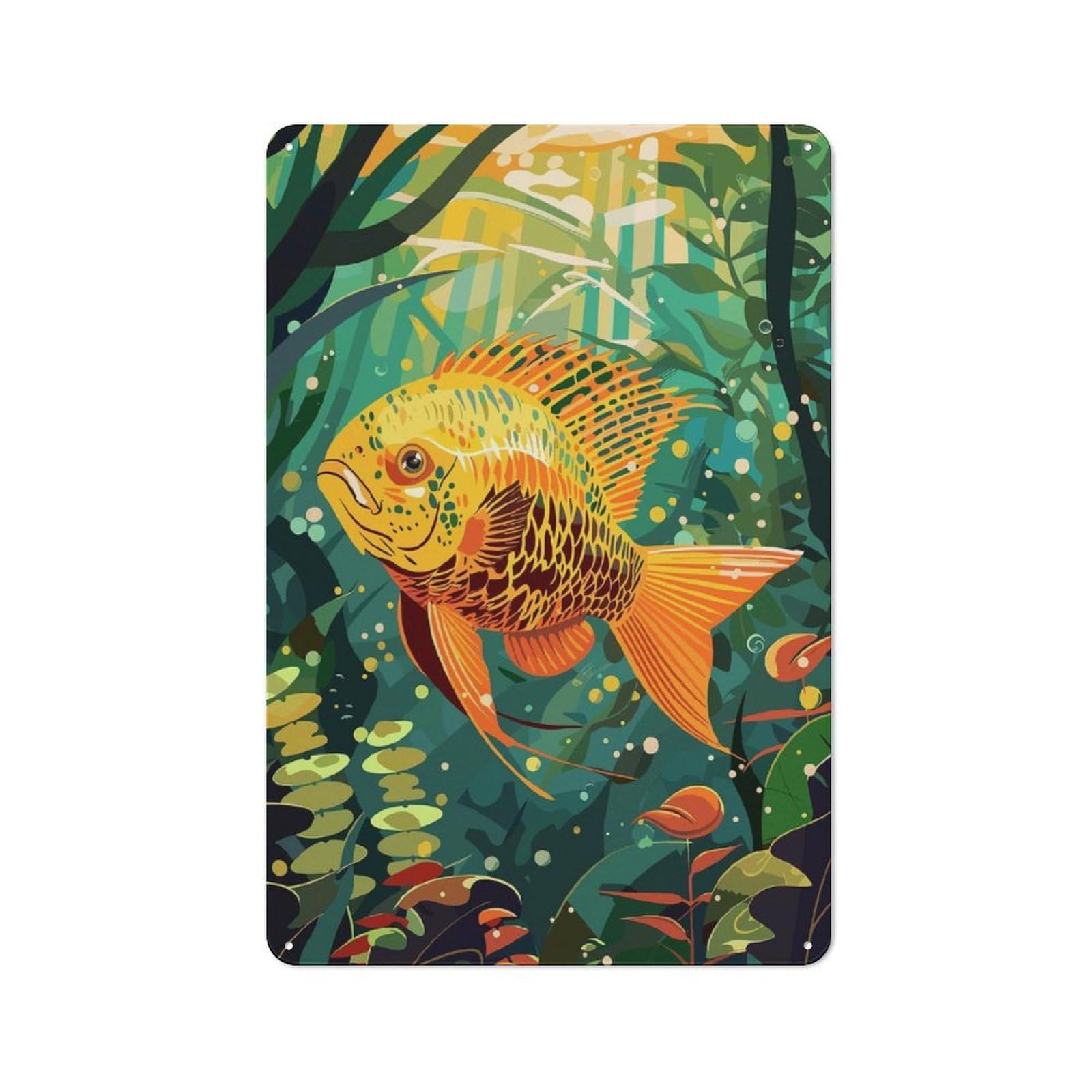 Junmoney Style-15 Tropical Fish Illustration Metal Wall Plaque 30X20cm, Character Room Wall Plaque For Hallway, Home Bar, Garage Or Study