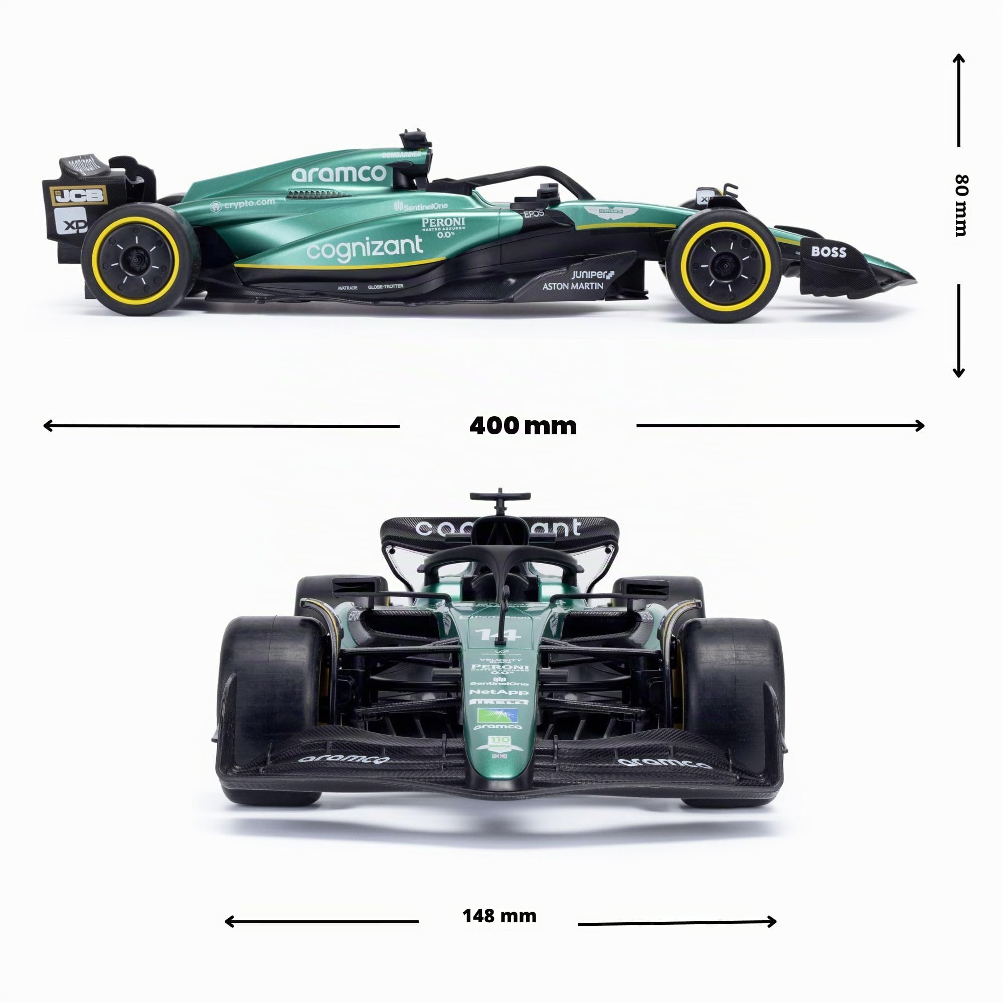 Aston Martin F1 - Coche teledirigido AMR22 (Escala 1:14) – Mando a Distancia de 2,4 GHz – Modelo de Coche de Carreras de Aston Martín – Conductor: Fernando Alonso & Lance Stroll – Fórmula 1