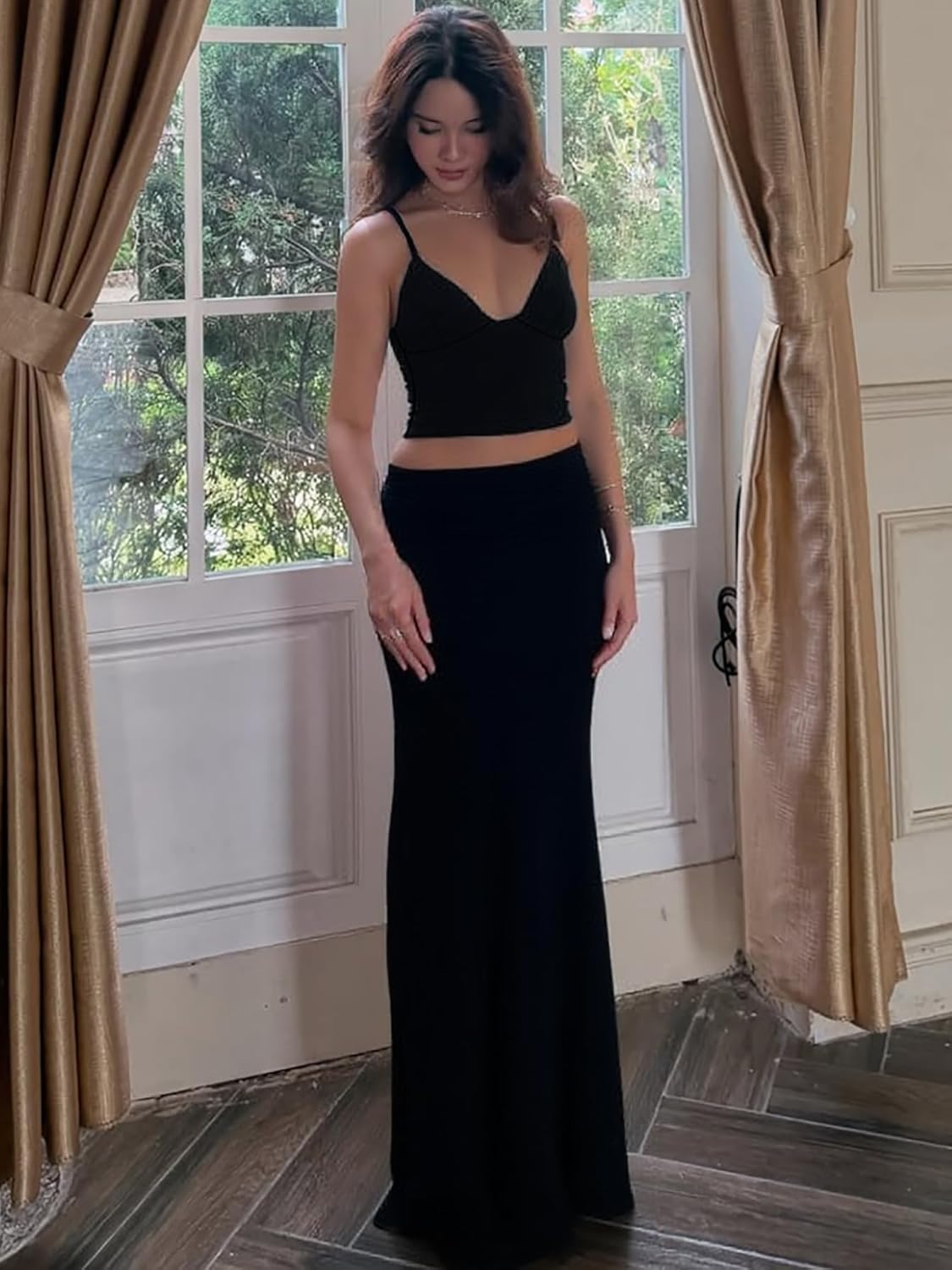 ksotutm Maxi Skirt Set Floral Print Halter Top Maxi Skirt Sexy Going Out Outfits for Women