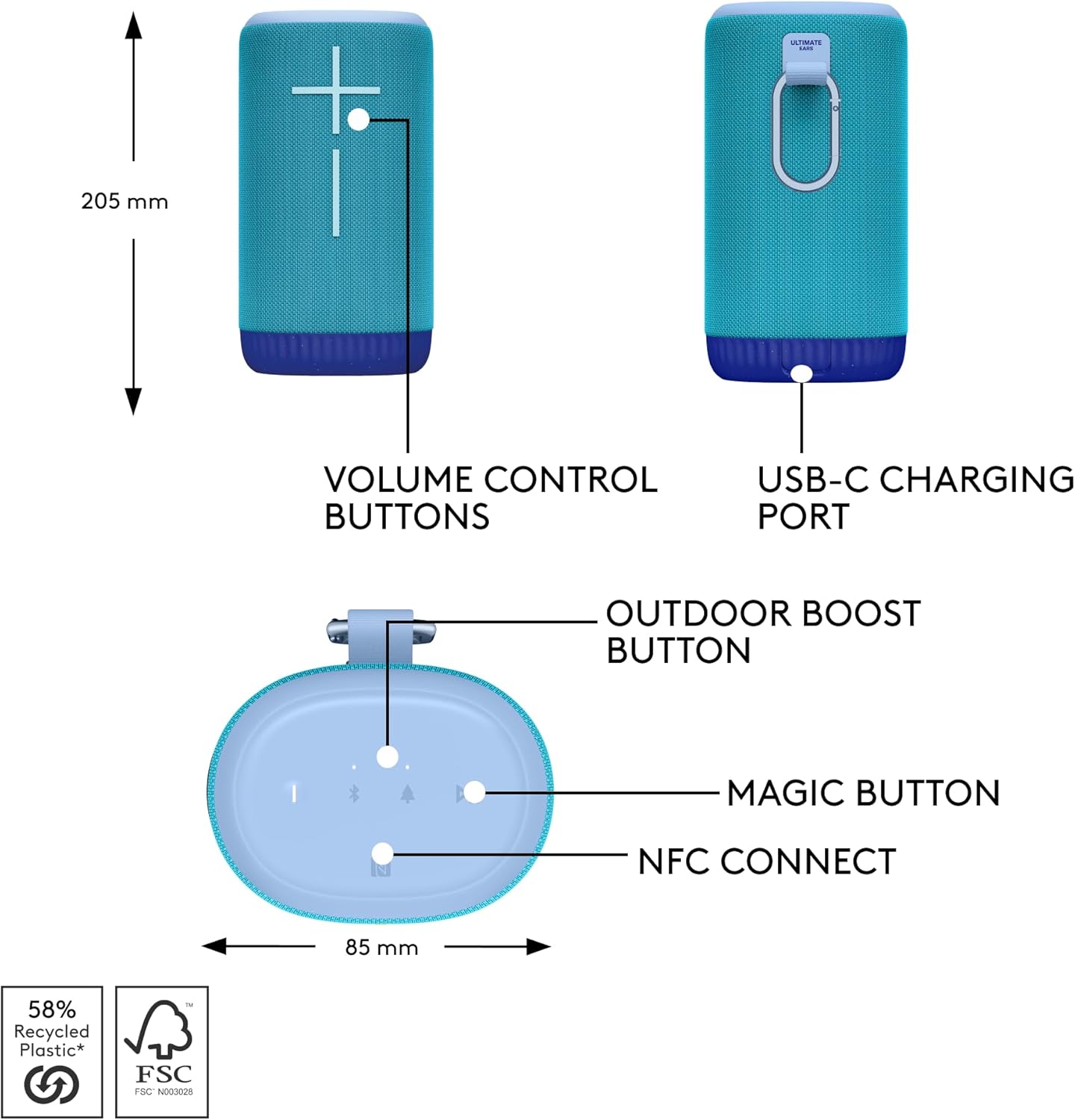 Ultimate Ears EVERBOOM Wireless Bluetooth Portable Speaker, Big Bass and Immersive 360-Degree Sound, Floatable Waterproof Speaker IP67, up to 20-Hour Battery and 180 ft (55 m) Range - Colbat Blue - Image 6