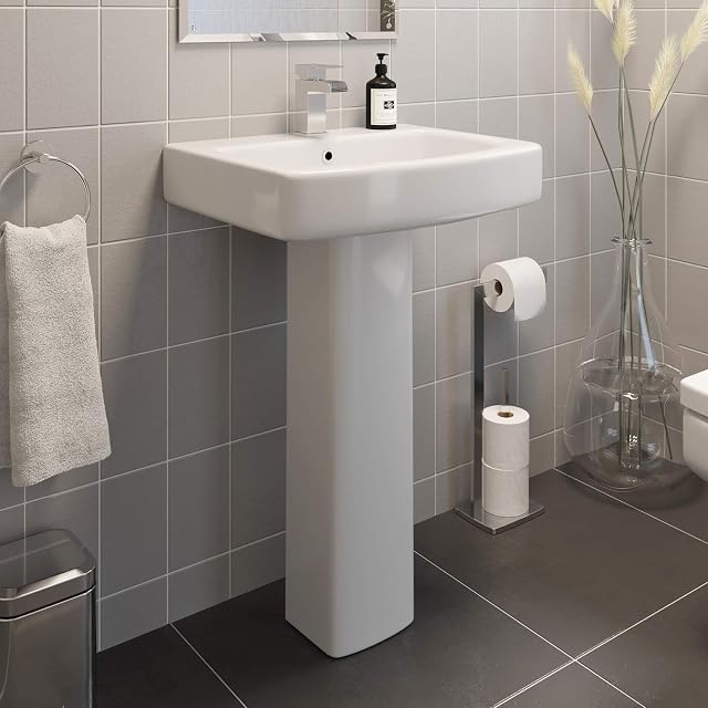 Affine Modern Bathroom Wash Basin Sink Full Floorstanding Pedestal Square Single Tap Hole White Ceramic