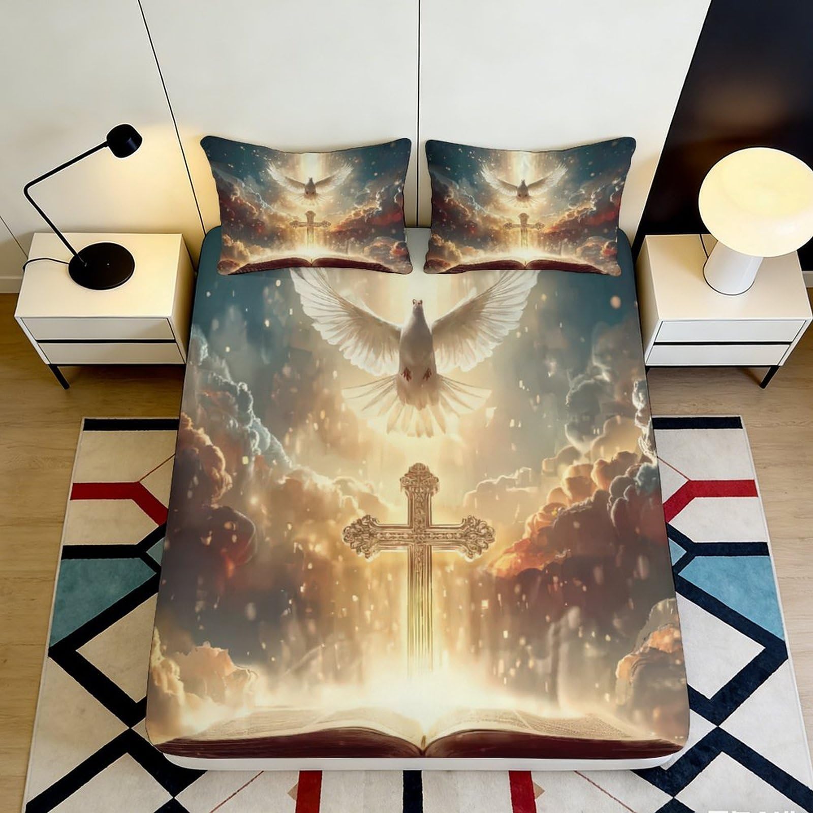 3D Printed Dove and Cross Fitted Sheet Microfiber Soft Breathable Heaven Scene Mattress Cover for Bedroom Guest Room Decor 90x200x25cm