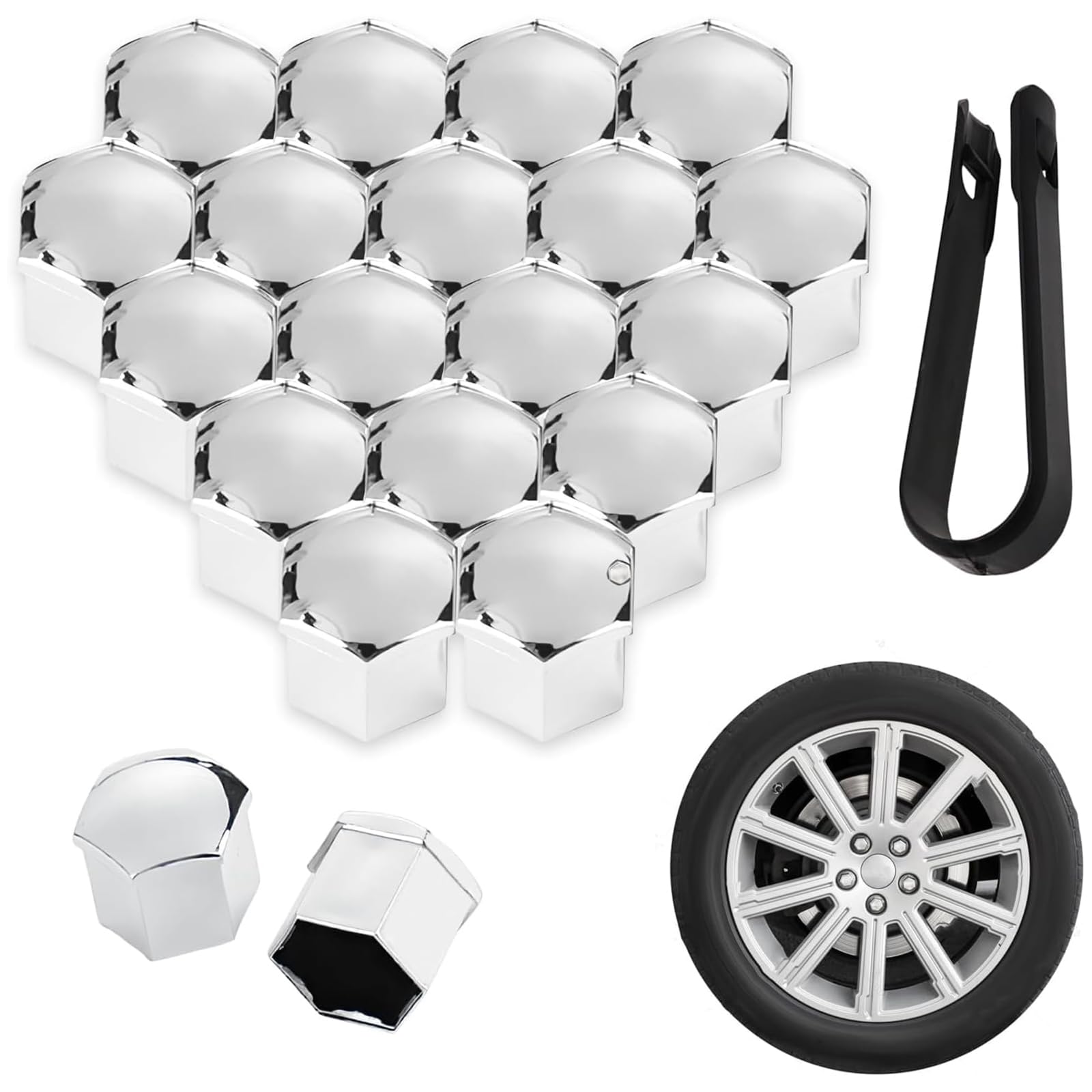 20 Pezzi Copri Bulloni 19mm Argento per Ruote Auto, Kit Universale Tappi Dadi Esagonali con Strumento di Rimozione, Protezione e Decorazione per Cerchi in Lega, Finitura Cromata Lucida