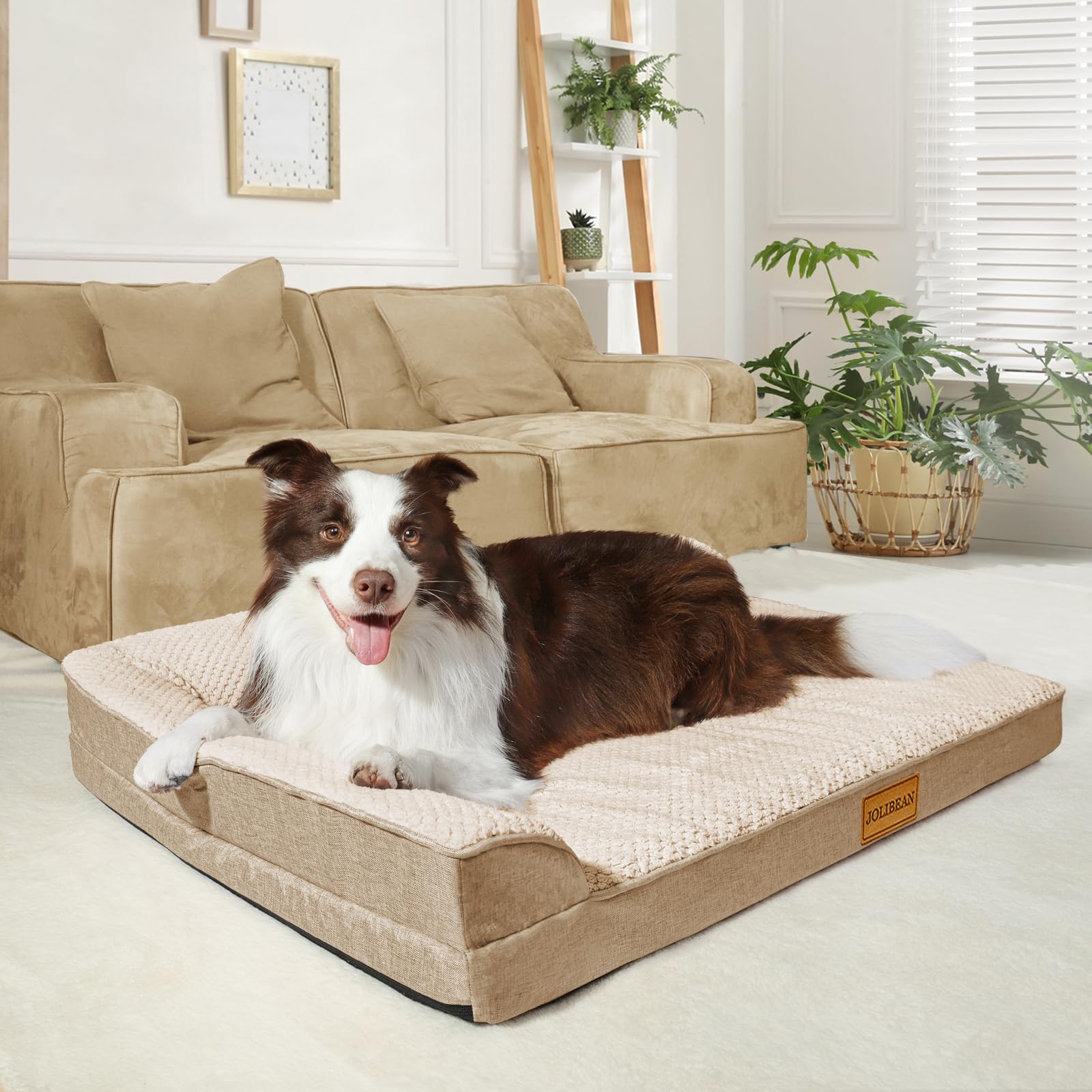 Cama Perro Jacquard Grande Ortopédica, Colchoneta Perro con Espuma De Caja De Huevos de L, Sofá Perro con Impermeable Lavable Desenfundable, 106x28cm, Blanco Marfil