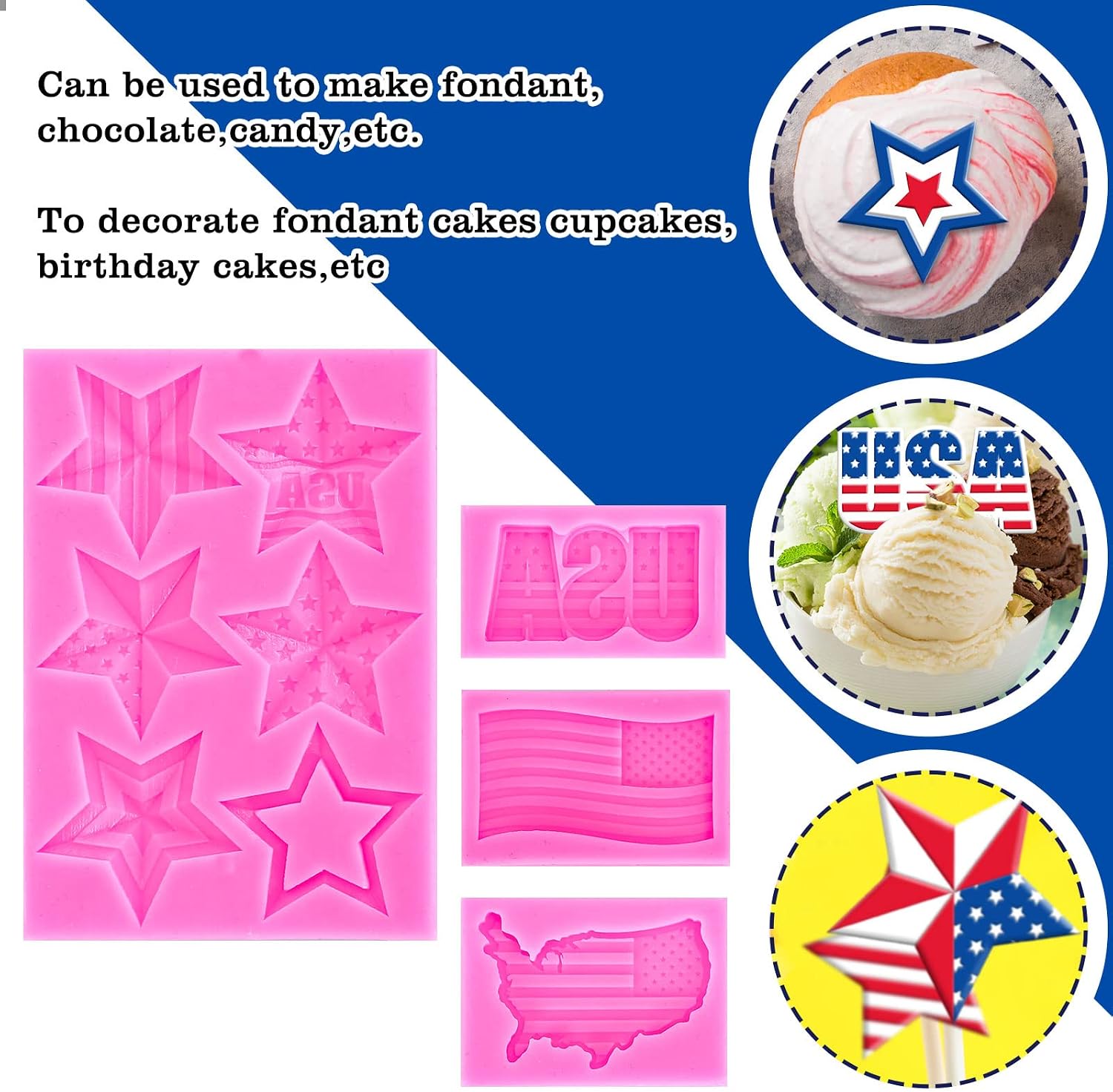 Whaline 4Pcs 250th Anniversary Independence Day Silicone Molds 4th of July 3D Patriotic Fondant Mold American Flag Pattern Chocolate Molds USA Map Stars Cupcake Baking Decorating Moulds for DIY Party