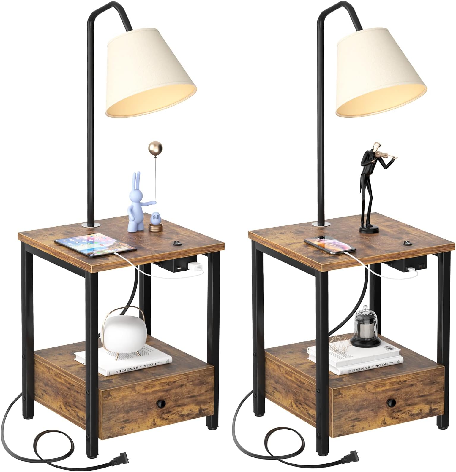 LityMax Bedside Nightstand with Lamp Attached, Rustic End Table with Drawer, USB Port and Outlet, Floor Lamp with Table, Side Table with Reading Light for Bedroom Living Room, Bulb Included, 2 Pack