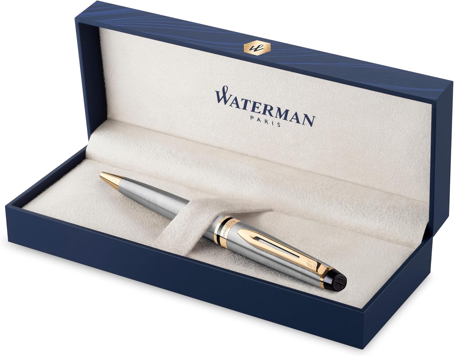 Waterman Expert Ballpoint Pen, Stainless Steel with 23k Gold Trim, Medium Point with Blue Ink Cartridge, Gift Box Waterman Expert Ballpoint Pen, Stainless Steel with 23k Gold Trim, Medium Point with Blue Ink Cartridge, Gift Box