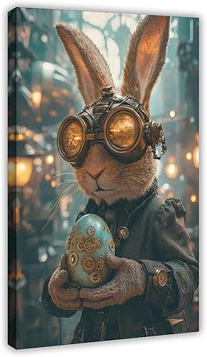 Retro Futuristic Easter Bunny Art  Steampunk Rabbit with Gears & Brass Easter Egg  Industrial Vintage Sci-Fi Poster  Cool Wall Decor for Steampunk