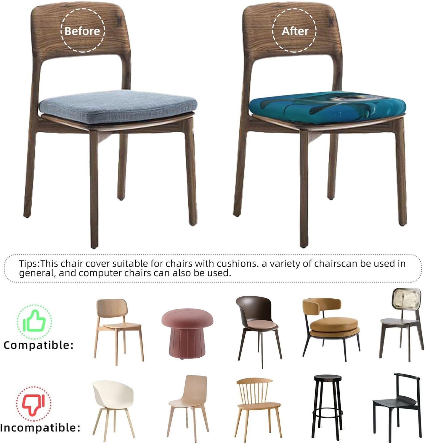 Funny Dolphin Looking at You Print Square Cushion Covers 6 Pcs Set Elastic Non-Slip Seat Cushion Slipcovers Pet Furniture Protectors for Chair, Sofa