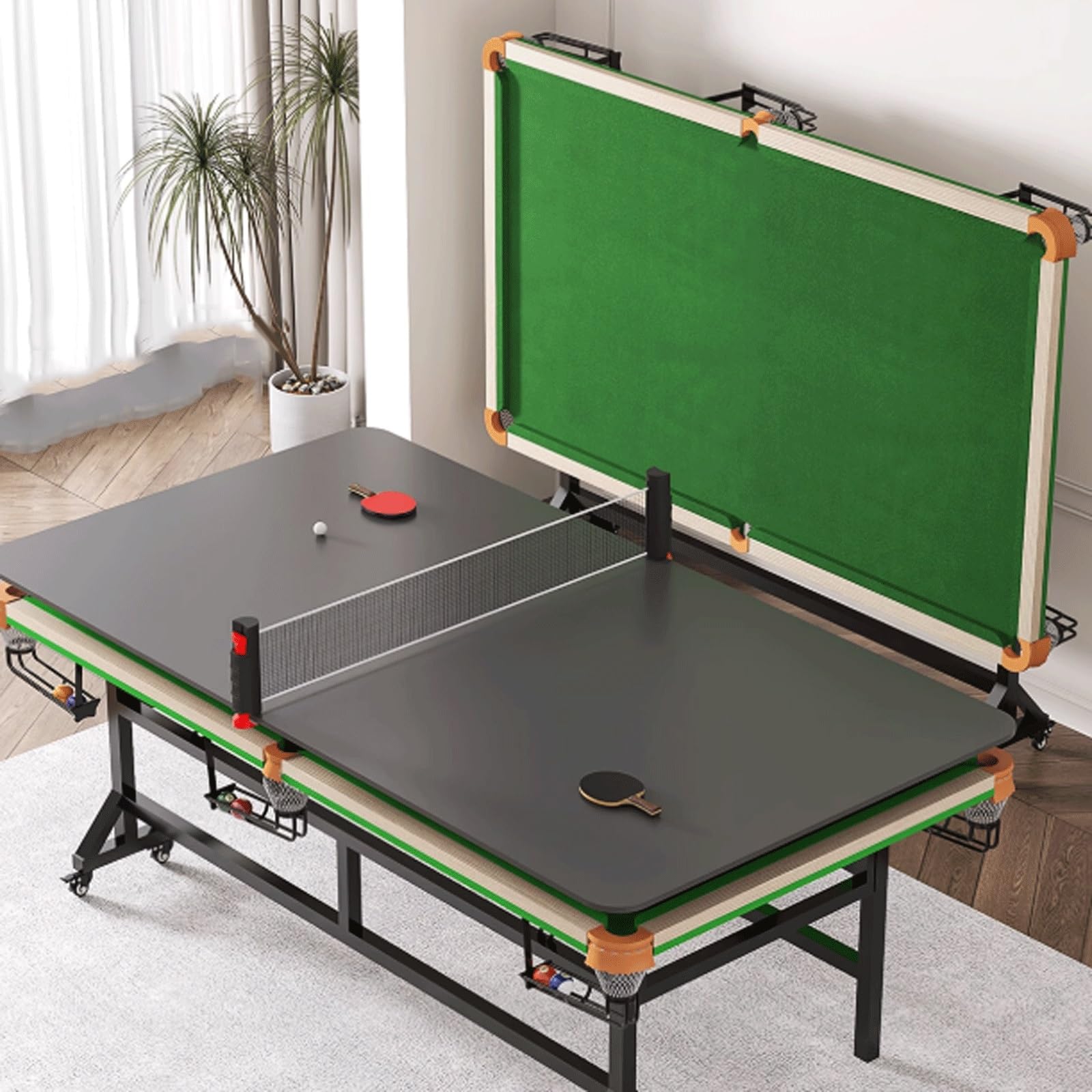 Tavolo da biliardo e ping pong, design pieghevole 2 in 1, uso interno, allenamento di precisione a cinque punti, piedini in acciaio al carbonio resistenti