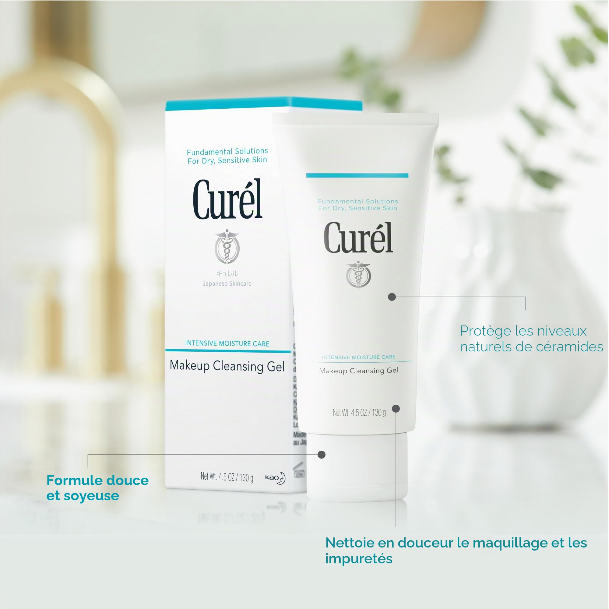 Curel Japanese Skin Care Gel nettoyant pour maquillage 133 ml | Élimine le maquillage imperméable, pour les peaux sèches sensibles, pH équilibré, sans parfum et sans alcool, étape 1 sur 2
