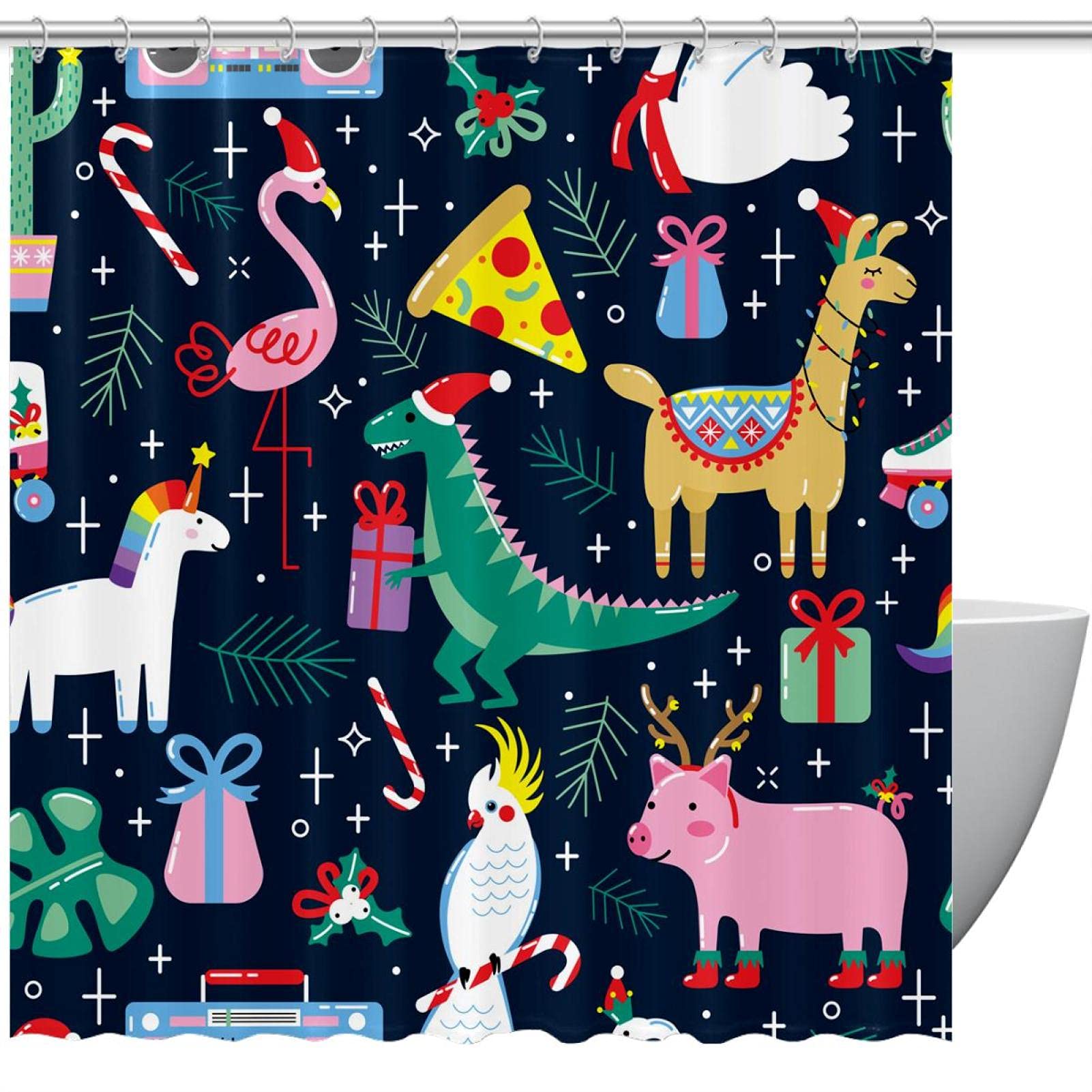Rideau de douche licorne cochon alpaga 150x180 cm avec 12 crochets
