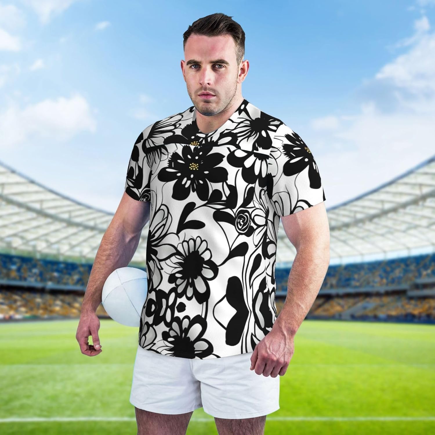 Black and White Flowers Rugby Football Jersey for Men, Comfortable V-Neck Loose Fit Top for Team Sports Athletics