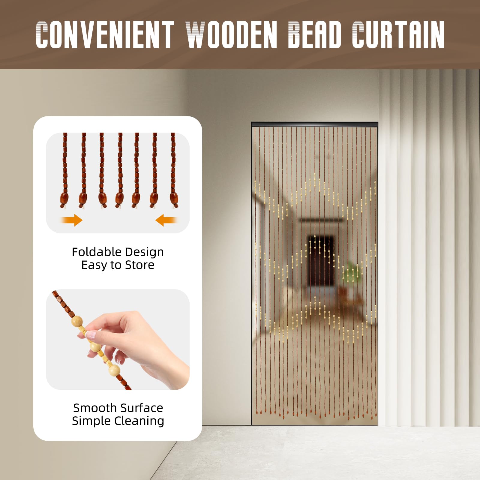 Rideau de porte en bois avec perles en bois, 27 lignes, 90 x 175 cm | Séparateur de pièce en bois - 90 x 175 cm - Pas de perçage nécessaire - Pour salon, chambre à coucher, camping-car, etc