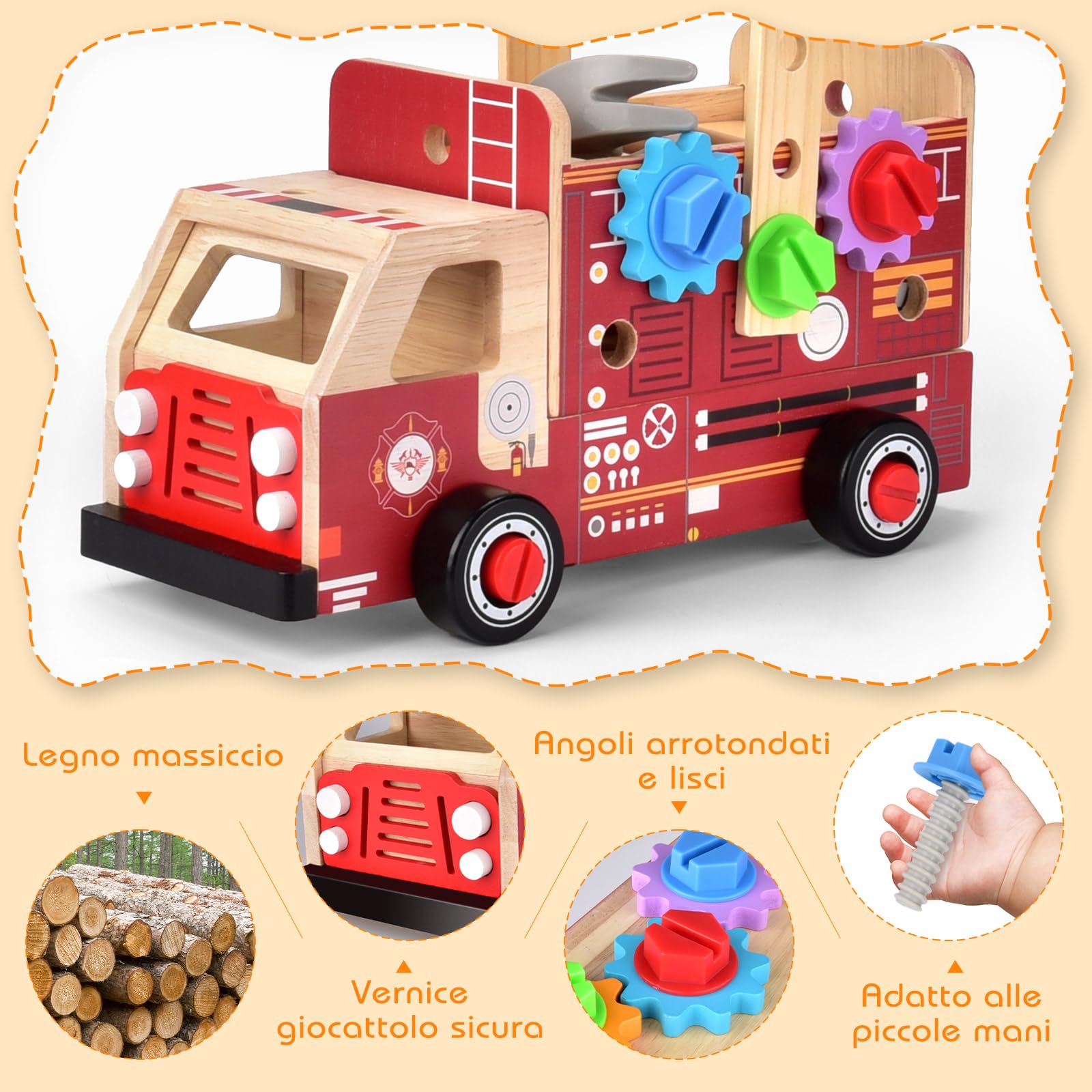 Nauotk Cassetta Attrezzi in Legno, 2 in 1 Camion dei Pompieri con Cassetta Attrezzi Bambini, Attrezzi da Lavoro Giocattolo Bambini,Gioco d’Imitazione, Giocattoli Montessori Ragazzo Ragazza 2 3 4 Anni