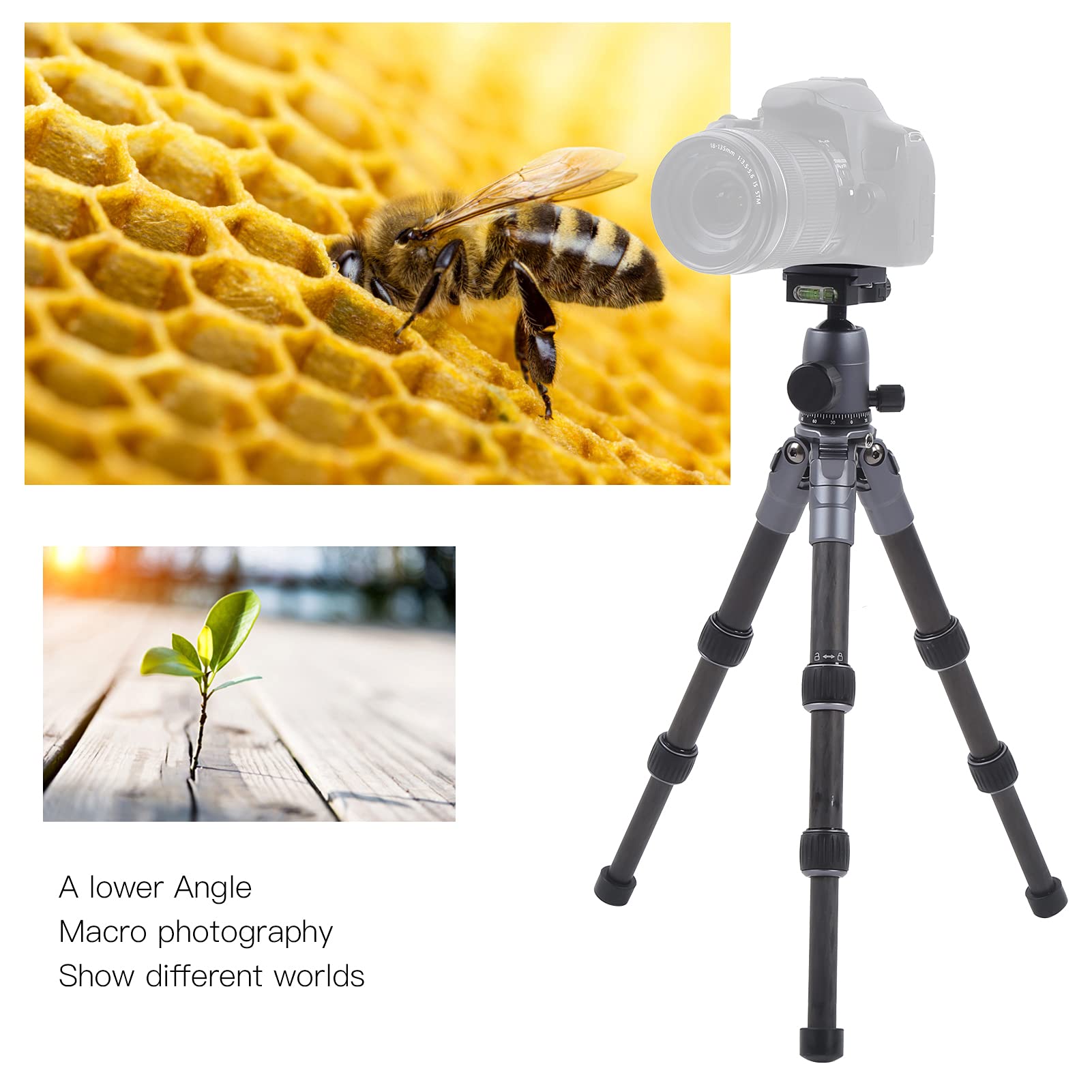 Trípode de Fibra de Carbono con Cabezal Esférico Mini Soporte Compacto para Cámaras DSLR Ideal para Fotografía de Viajes de 30 Cm a 42,5 Cm