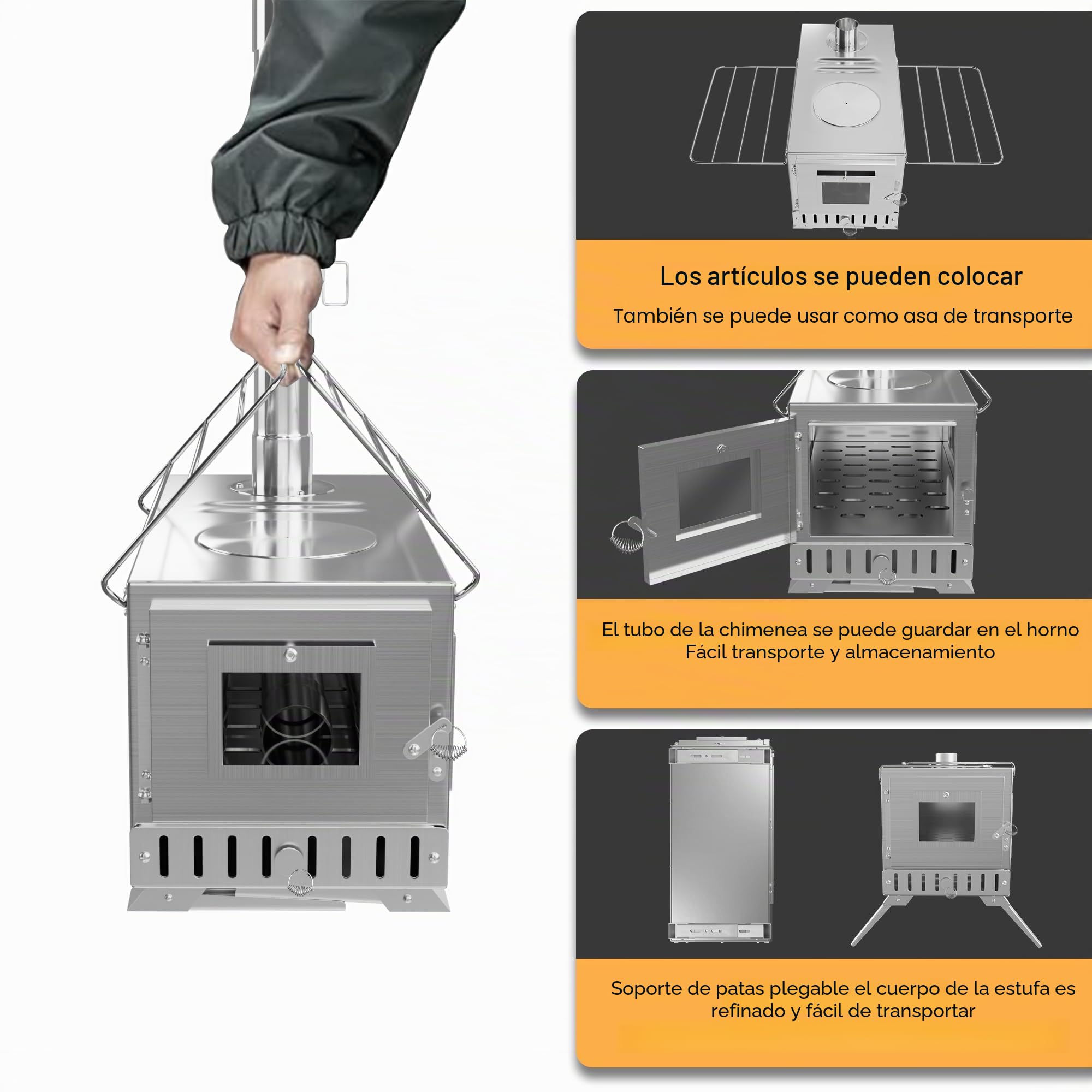 UNHO Estufa de Leña Portátil para Tienda de Campaña: Estufa Plegable con Chimenea, 7 Tubos de Acero Inoxidable, 2 Ventanas de Vidrio Resistente al Fuego, para Cocinar y Calentar Al Aire Libre