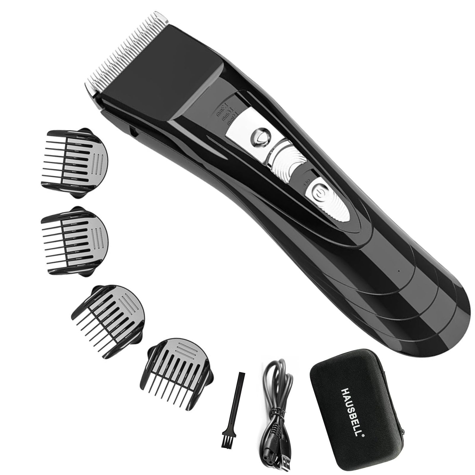HAUSBELL Kit de cortadora de pelo recargable inalámbrica, para hombres, mujeres y niños, hoja ajustable de 4 posiciones, 4 peines guía, funda incluida