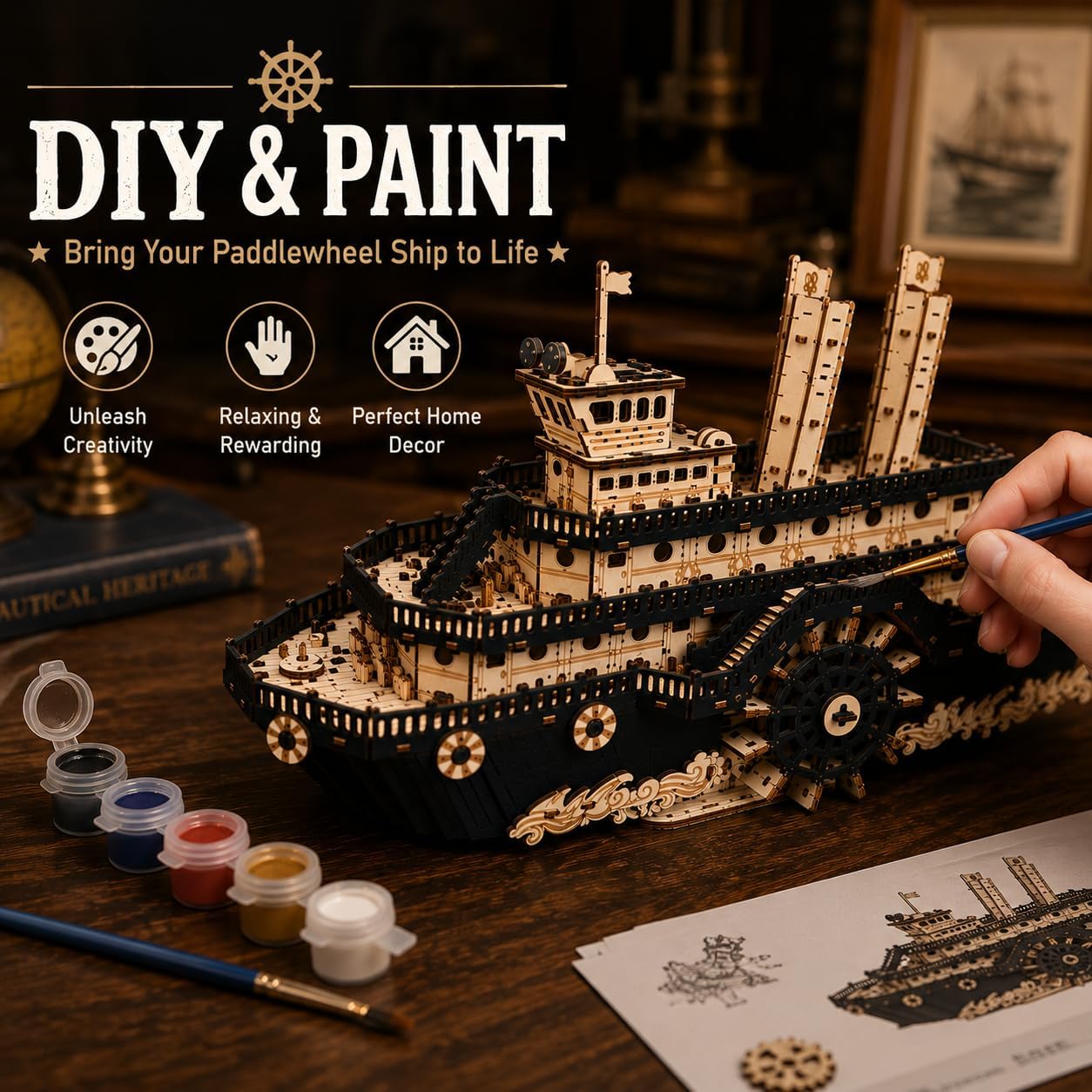 3D Wooden Puzzles for Adults,Paddle Steamer Ship Model Kit, Desk Décor,Gift | Wooden Ship Model,Paddle Steamer,Steam Boat,No Glue Required,Rotating Wheel,Desk Decor,Home Decor,Gift for Men,319 PCS