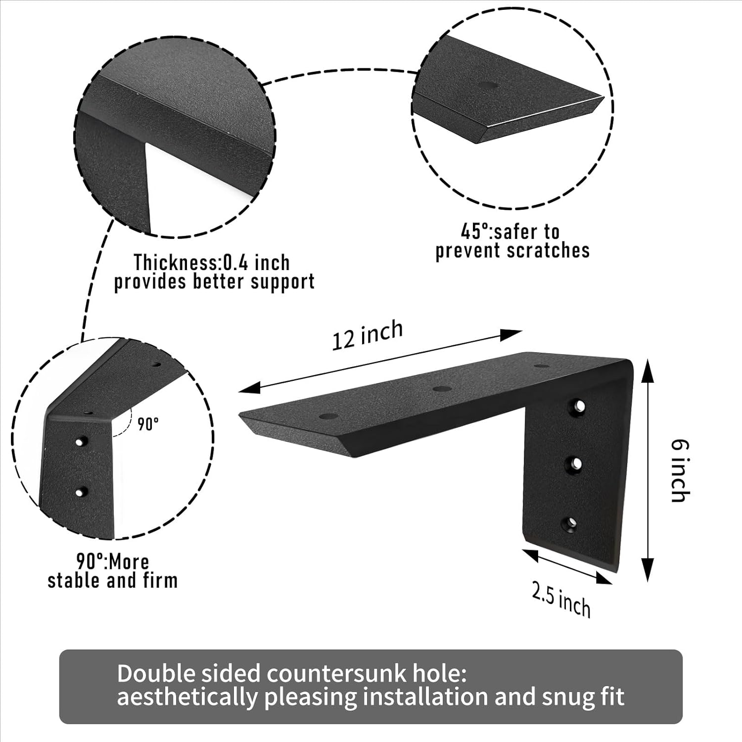 Countertop Support Brackets L Brackets Heavy Duty 12 Inch Metal Countertop Shelf Brackets 0.4 Inch Thick 12"x6"x2.5" for Quartz/Granite/Wood/Concrete/Laminate Countertops (3pack)