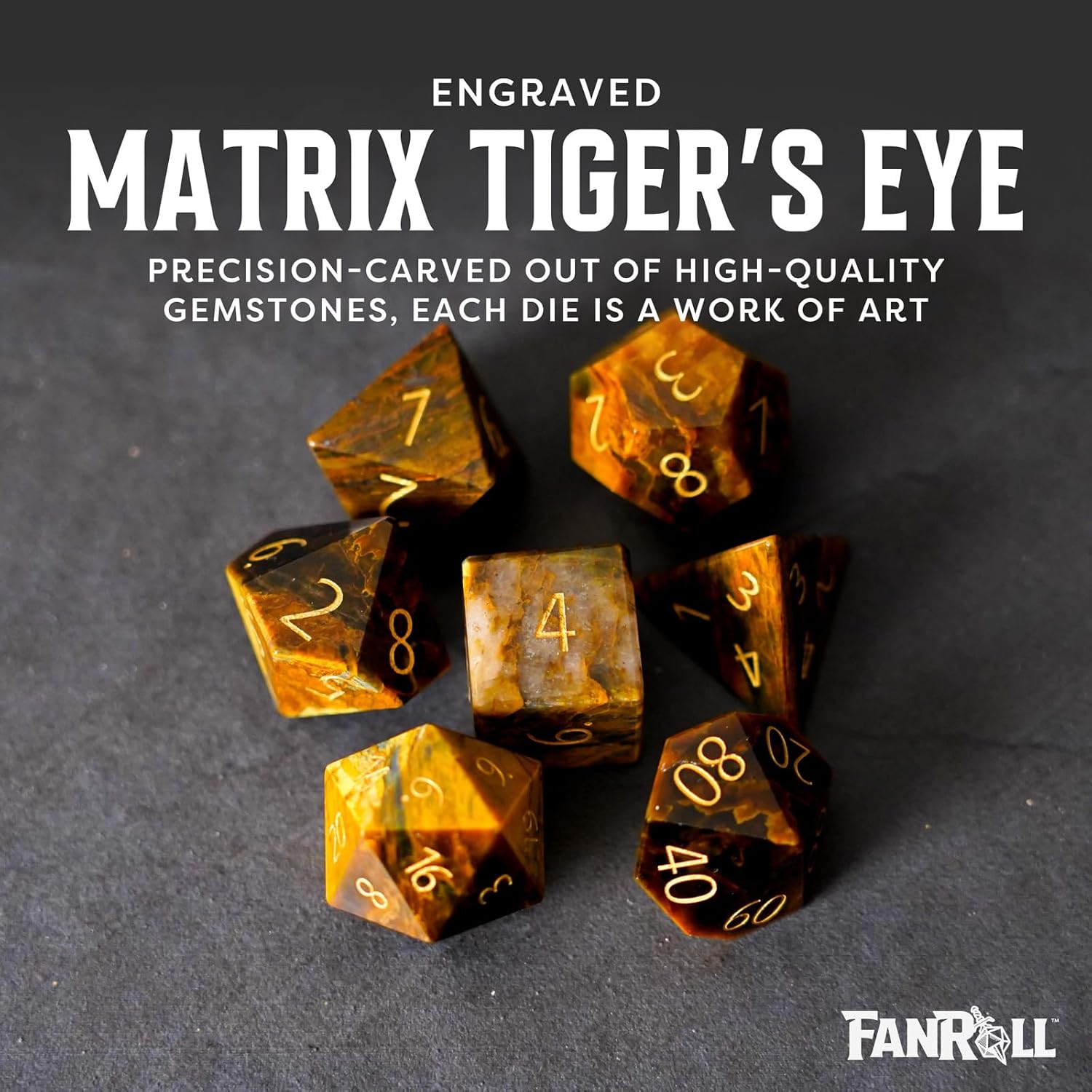 FanRoll 16mm Stone Poly DND Dice Set: Engraved Matrix Tiger's Eye, Role Playing Game Dice for Dungeons and Dragons