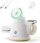 ZEEHOO 4 in 1 Wireless Charging Station for Apple,Mag-Safe Charger with Dimmable Light,Qi2 15W Phone Stand Fast Wireless Charger for iPhone 17,16,15,14,13,12 & AirPods& iWatch (30W Adapter) (White)