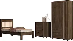 Jogo de Quarto Bela com Roupeiro, Cômoda e Cama Solteiro. (Chocolate)