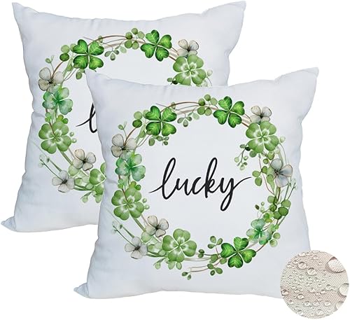 Paquete de 2 fundas de almohada impermeables del Día de San Patricio de 18 x 18 pulgadas, coronas de tréboles de la suerte, fundas de almohada de