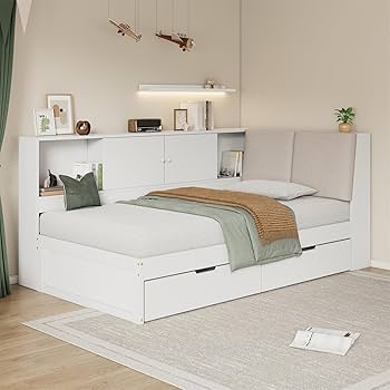 kurobee 。 L Amazon.com: Polibi Twin Size L-Shape Bed with Upholstered