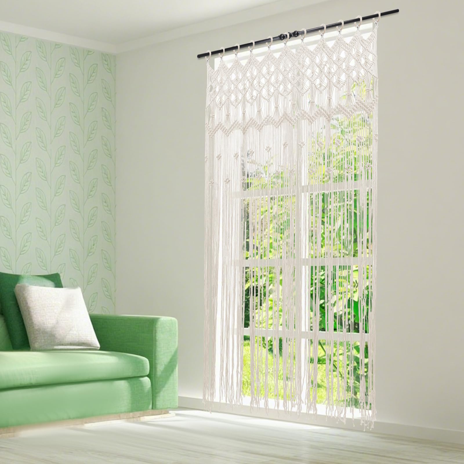 Rideau en macramé - Style bohème - Tapisserie murale - Rideau de fenêtre - Rideau en coton - Séparateur de pièce - Tissé - Rideau décoratif pour salon, chambre à coucher - 120 x 195 cm