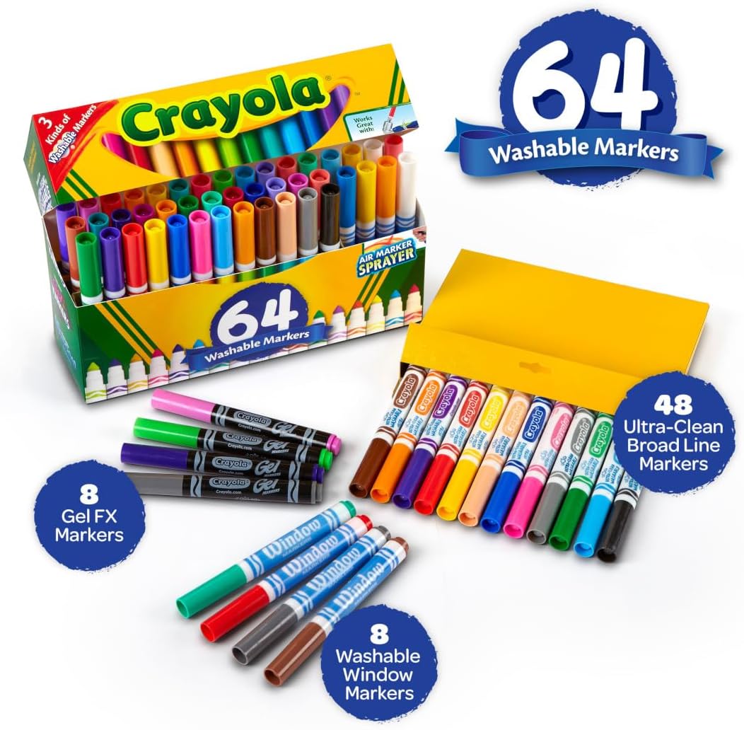 Crayola Washable Broad Line Marker Variety Set, 64ct, Teacher School Supplies for Toddlers & Kids, Ultra-Clean, Window, & Gel FX Markers for Kids, 3+