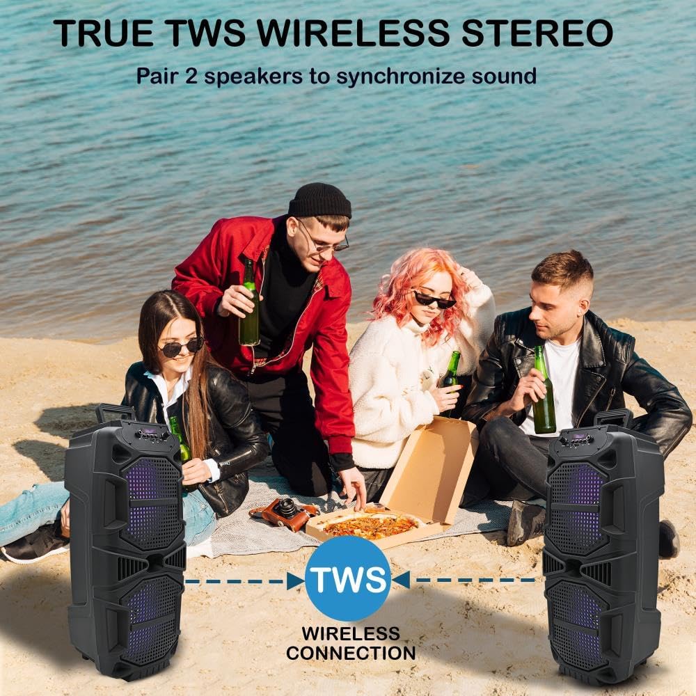 Diagram illustrating True Wireless Stereo (TWS) connection between two speakers, showing a wireless connection icon between them.