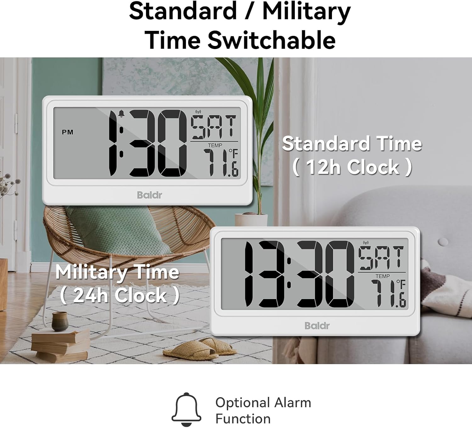Baldr Digital Clock with Bluetooth Auto Time Sync, No App Required, Large Display Non-Backlit Desktop Alarm Clock, Battery Operated, Temperature & Weekday, Wall or Desk Clock for Home Office, White