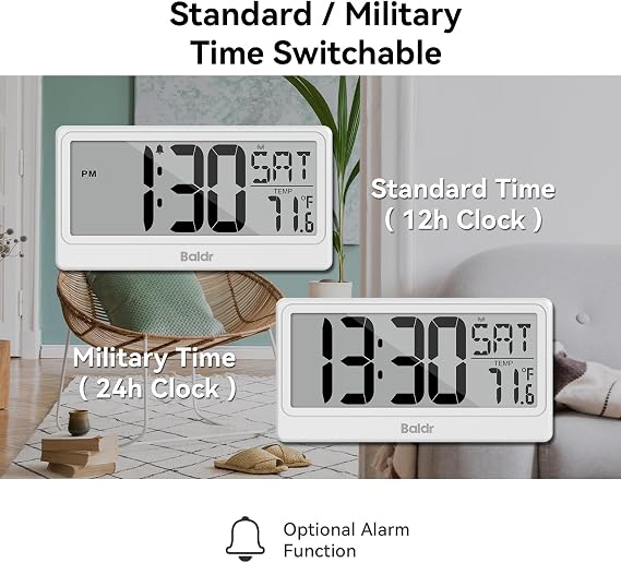 Baldr Digital Clock with Bluetooth Auto Time Sync,Large Display Non-Backlit