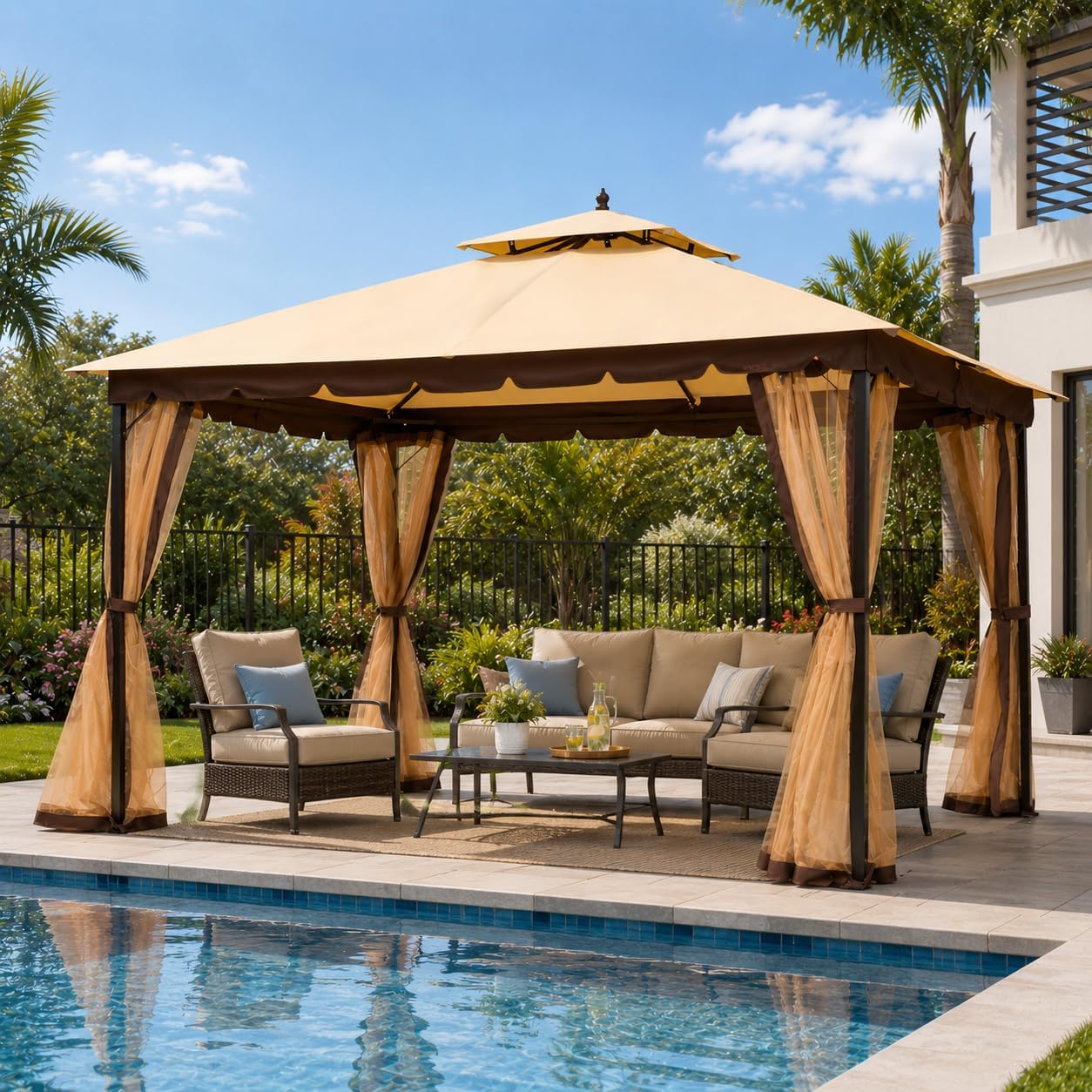 Bezseller 10'x12' Outdoor Gazebo with Double Roof, Khaki