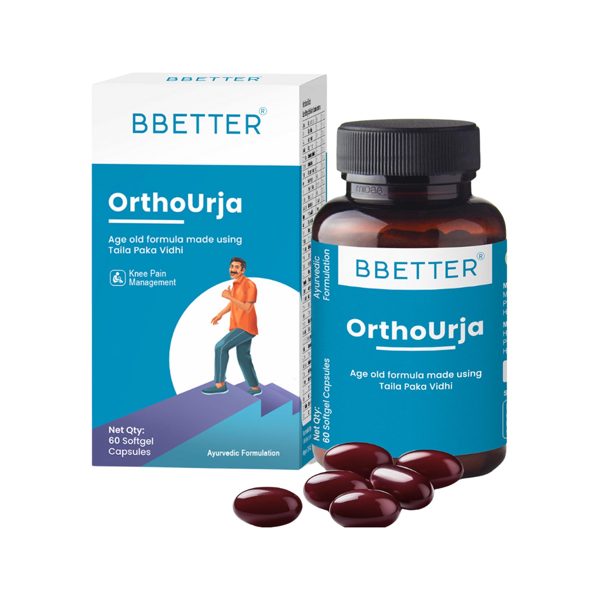 BBETTER OrthoUrja -Lab Tested Ayurvedic Medicine for Knee pain, Joint Pain & Arthiritis Relief | Made by Taila Paka Vidhi Method | 60 Softgels
