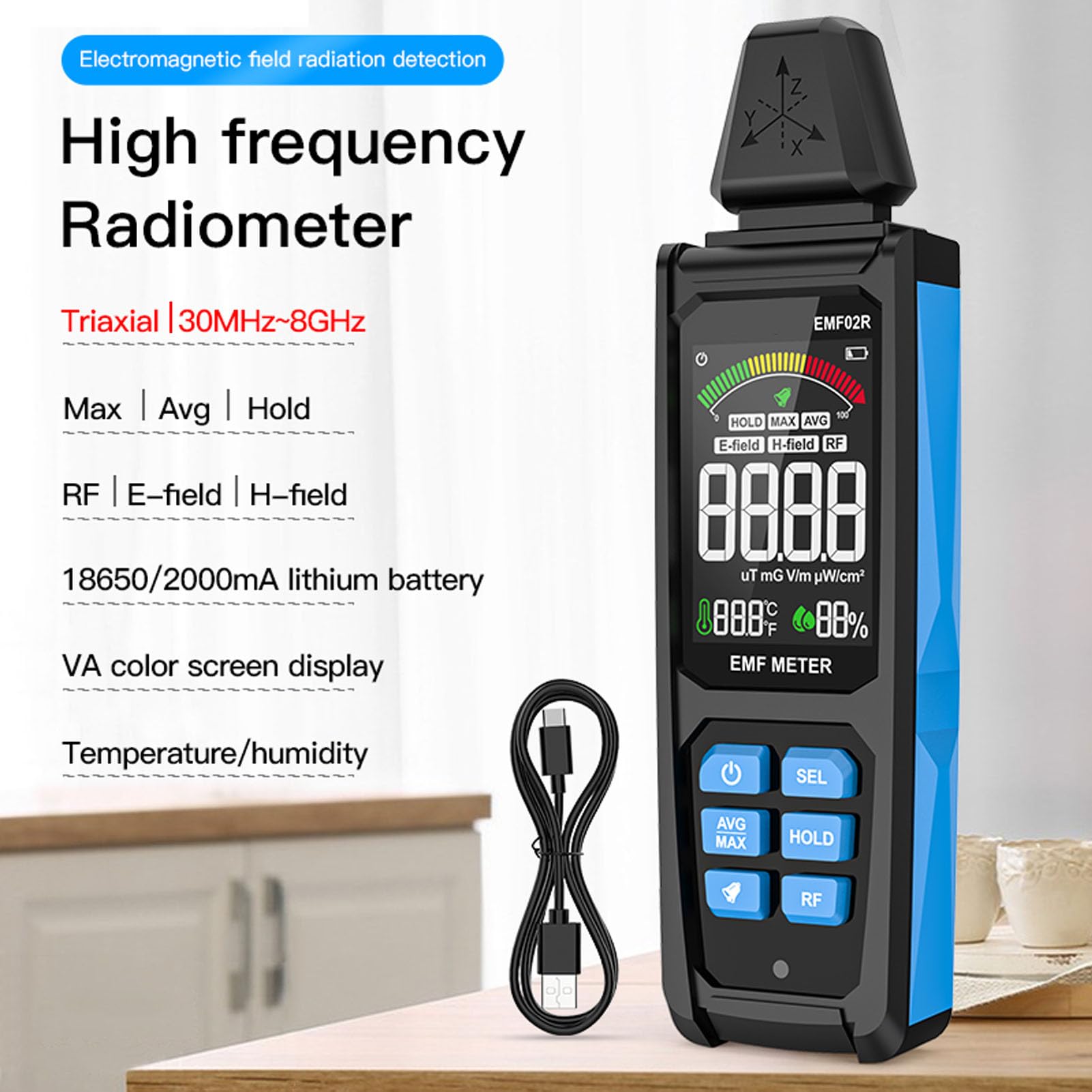EMF Detector X Y Z Axes 30MHz to 8GHz High Sensitivity Color Display Rechargeable Electromagnetic Field Detector