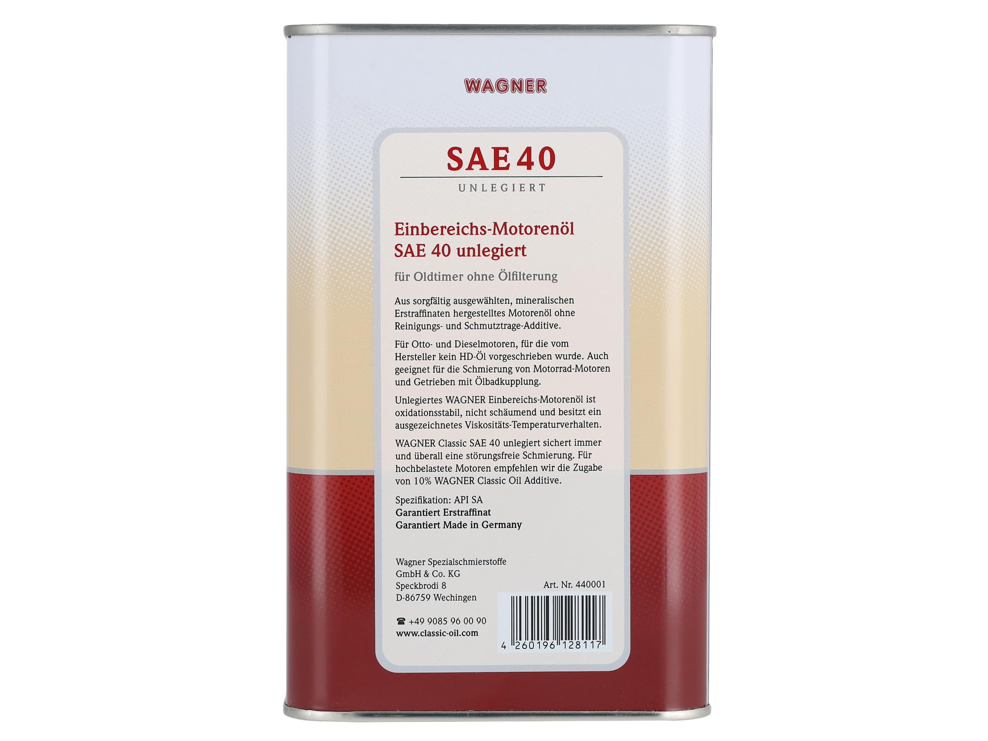 Aceite de motor Wagner Classic SAE 40 Aceite de motor sin aleación de un solo rango - 1 litro
