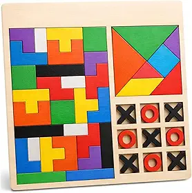 Brinquedo Educativo 3 em 1, Quebra-Cabeça, Tangram e Jogo da Velha 22x22x22 cm Base em Madeira