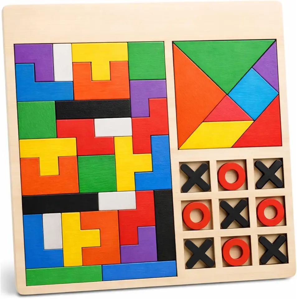 Brinquedo Educativo 3 em 1, Quebra-Cabeça, Tangram e Jogo da Velha 22x22x22 cm Base em Madeira
